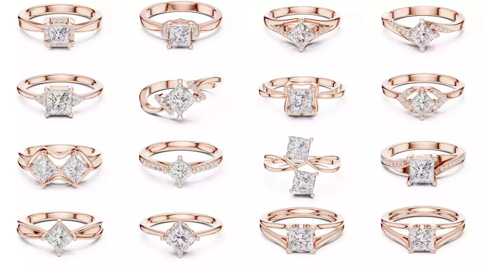 179 Princess Diamond Rings 3DM STL OBJ FBX 3 Color Render Video 3D Model Collection_12