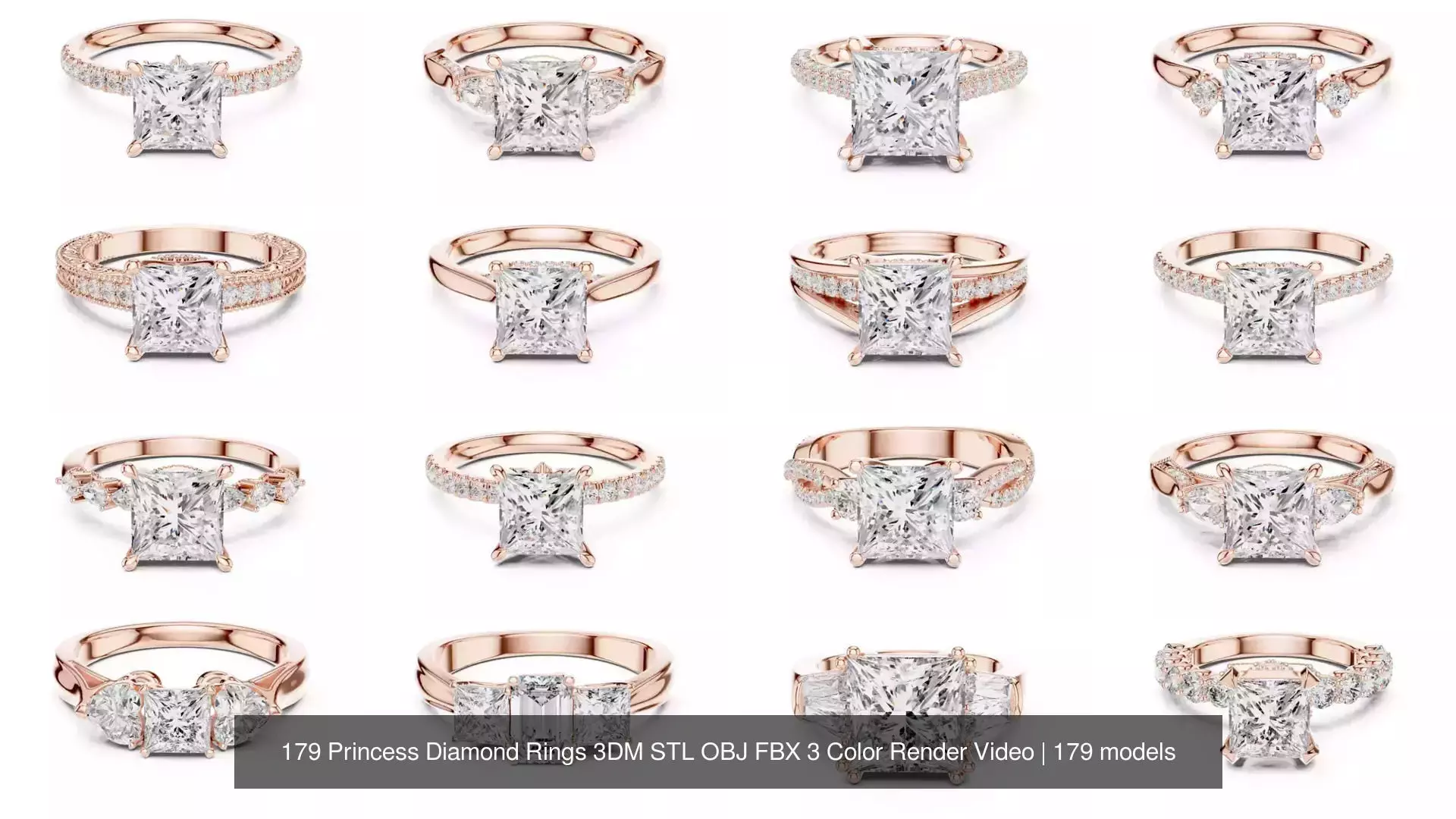 179 Princess Diamond Rings 3DM STL OBJ FBX 3 Color Render Video 3D Model Collection_18