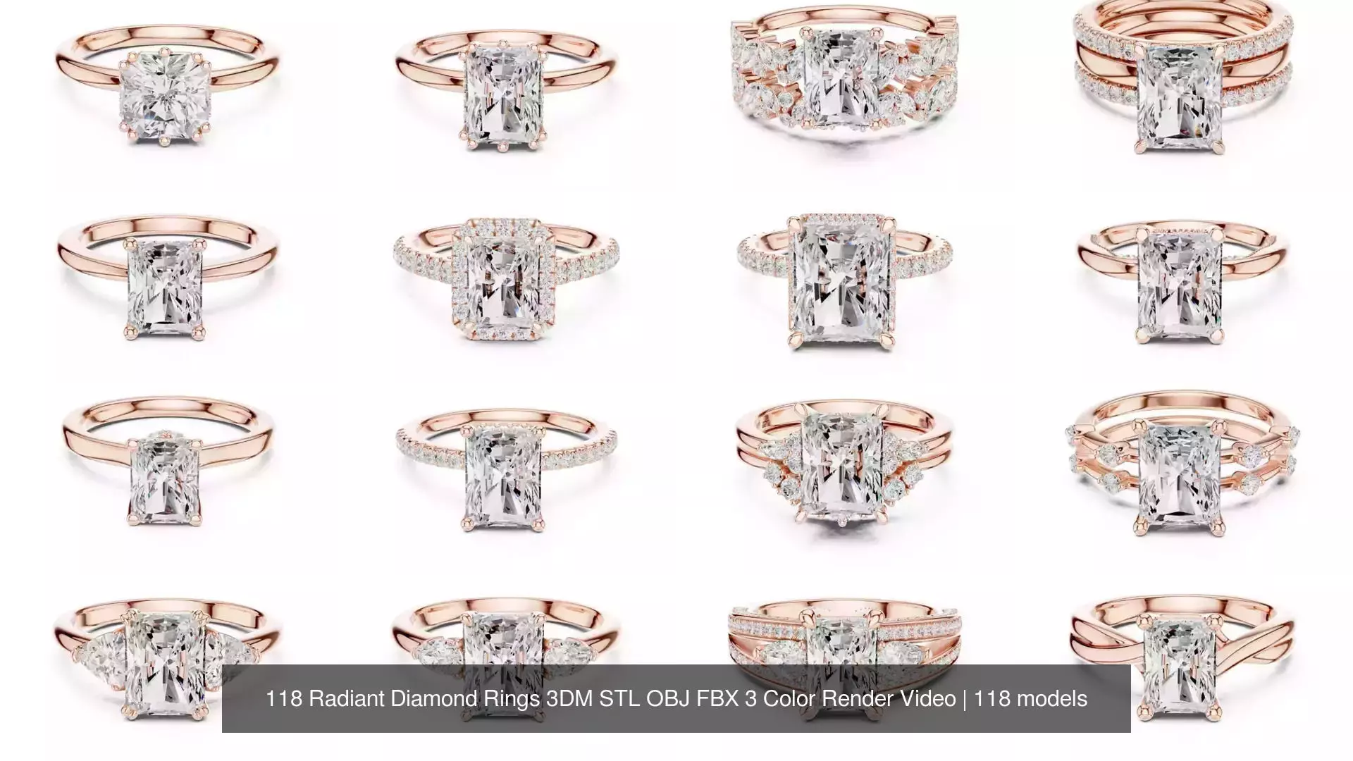 118 Radiant Diamond Rings 3DM STL OBJ FBX 3 Color Render Video 3D Model Collection_6