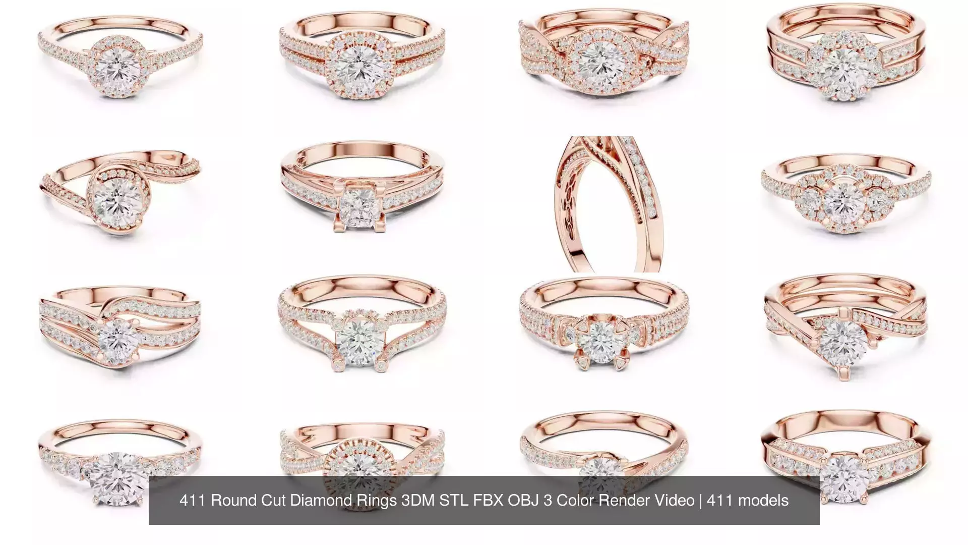 411 Round Cut Diamond Rings 3DM STL FBX OBJ 3 Color Render Video 3D Model Collection_36