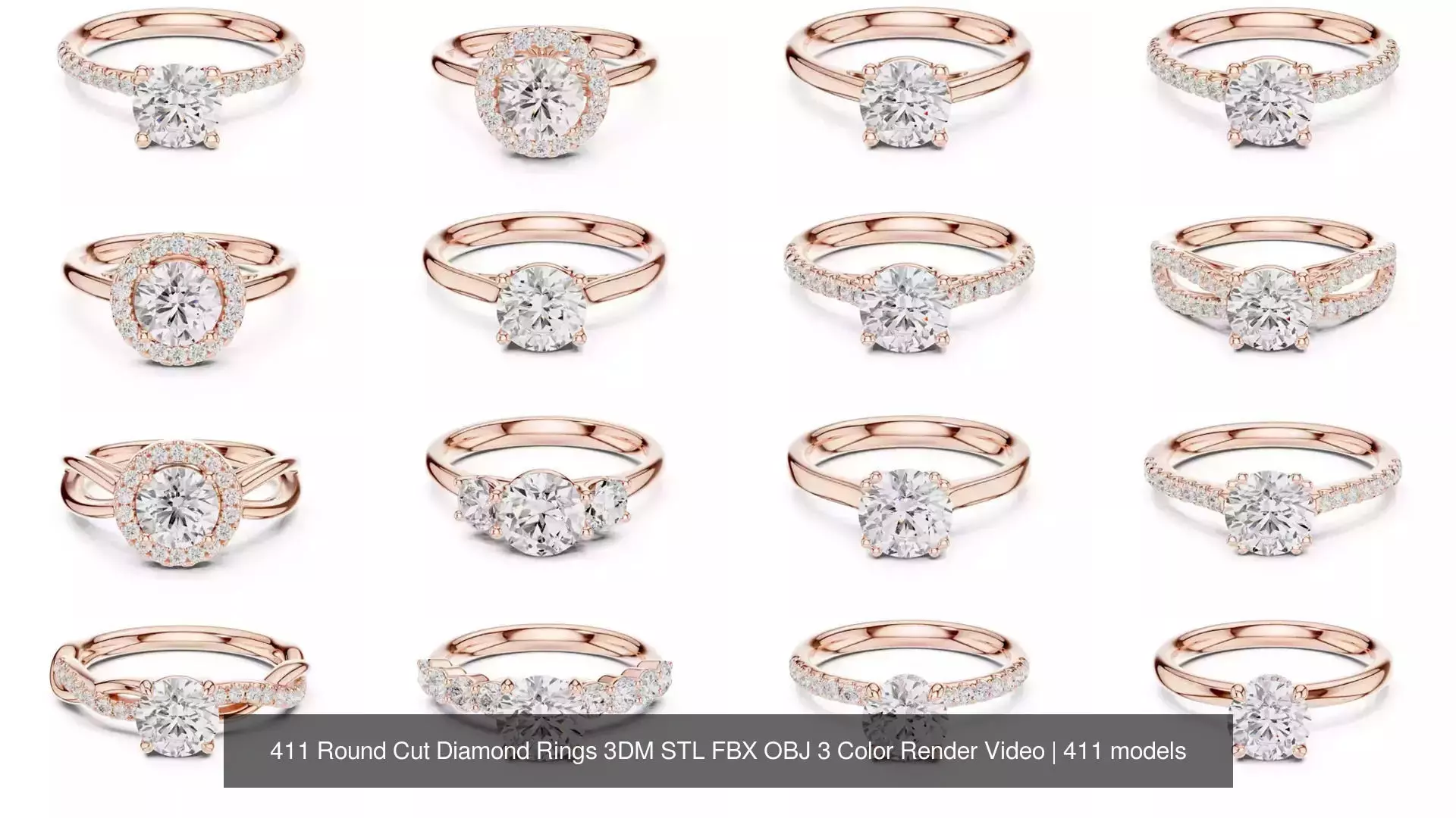 411 Round Cut Diamond Rings 3DM STL FBX OBJ 3 Color Render Video 3D Model Collection_20