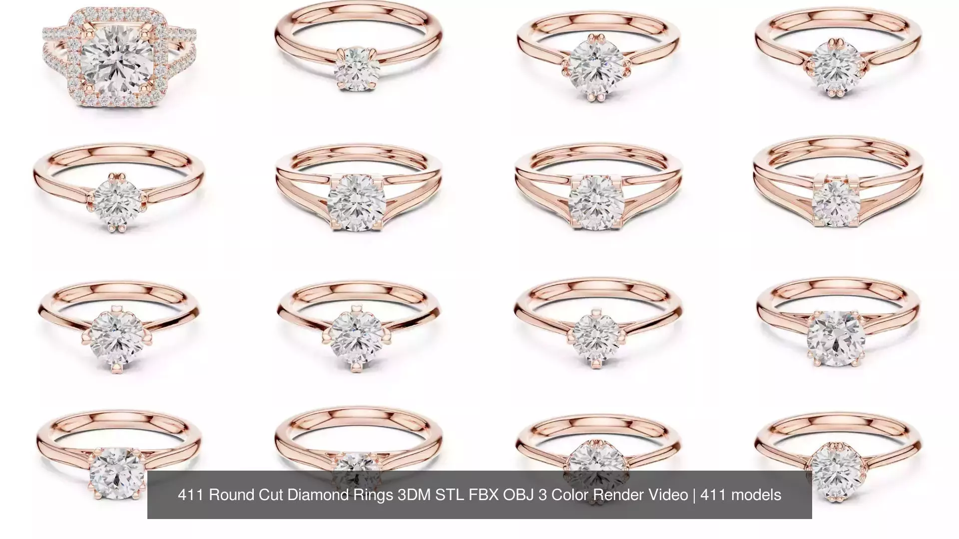 411 Round Cut Diamond Rings 3DM STL FBX OBJ 3 Color Render Video 3D Model Collection_14