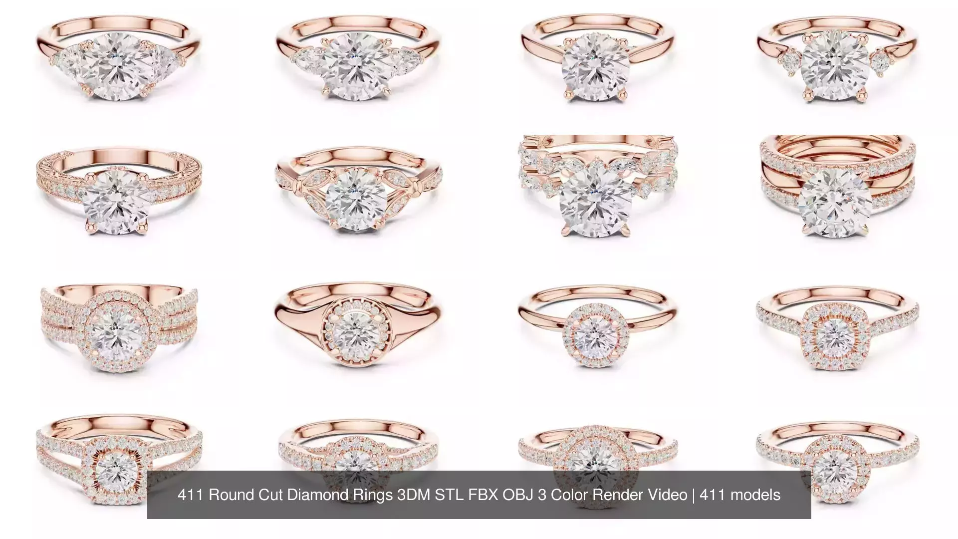 411 Round Cut Diamond Rings 3DM STL FBX OBJ 3 Color Render Video 3D Model Collection_27
