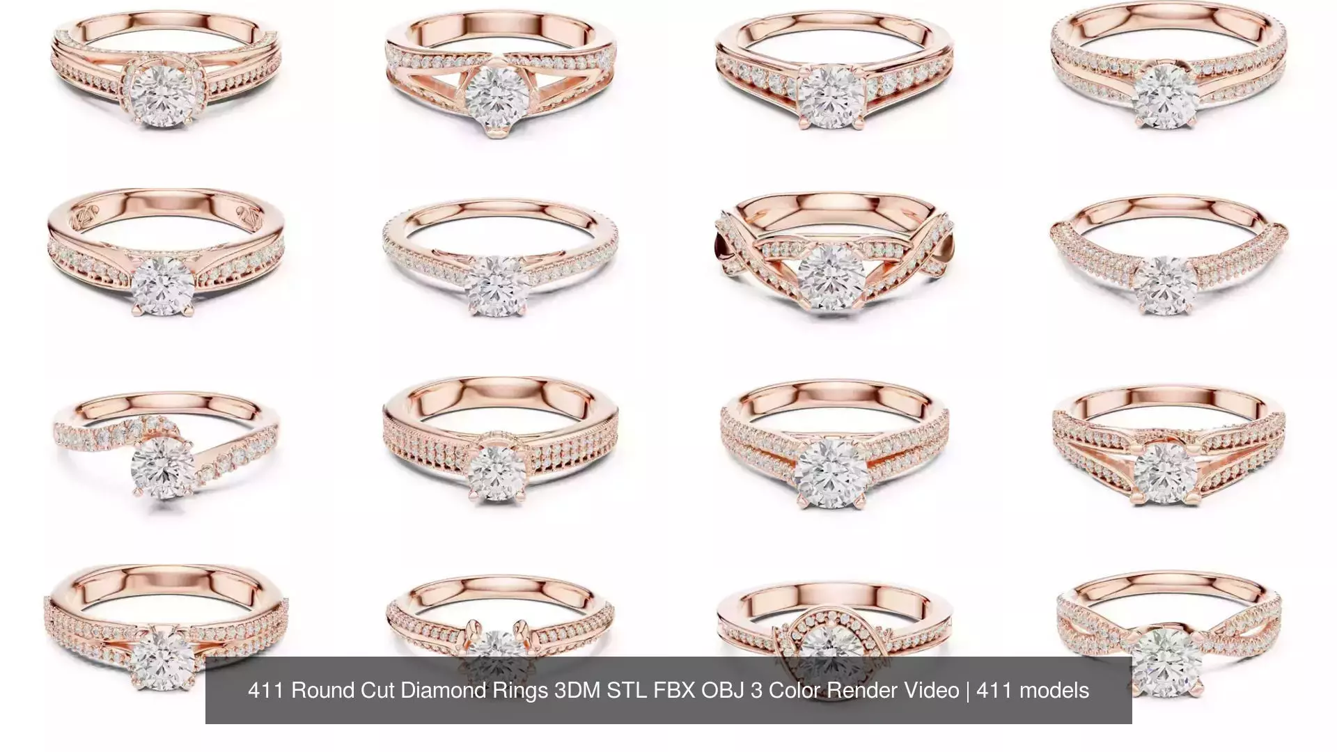 411 Round Cut Diamond Rings 3DM STL FBX OBJ 3 Color Render Video 3D Model Collection_39