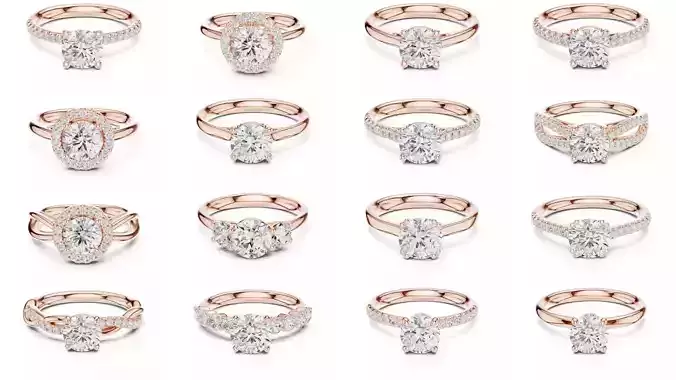 411 Round Cut Diamond Rings 3DM STL FBX OBJ 3 Color Render Video 3D Model Collection