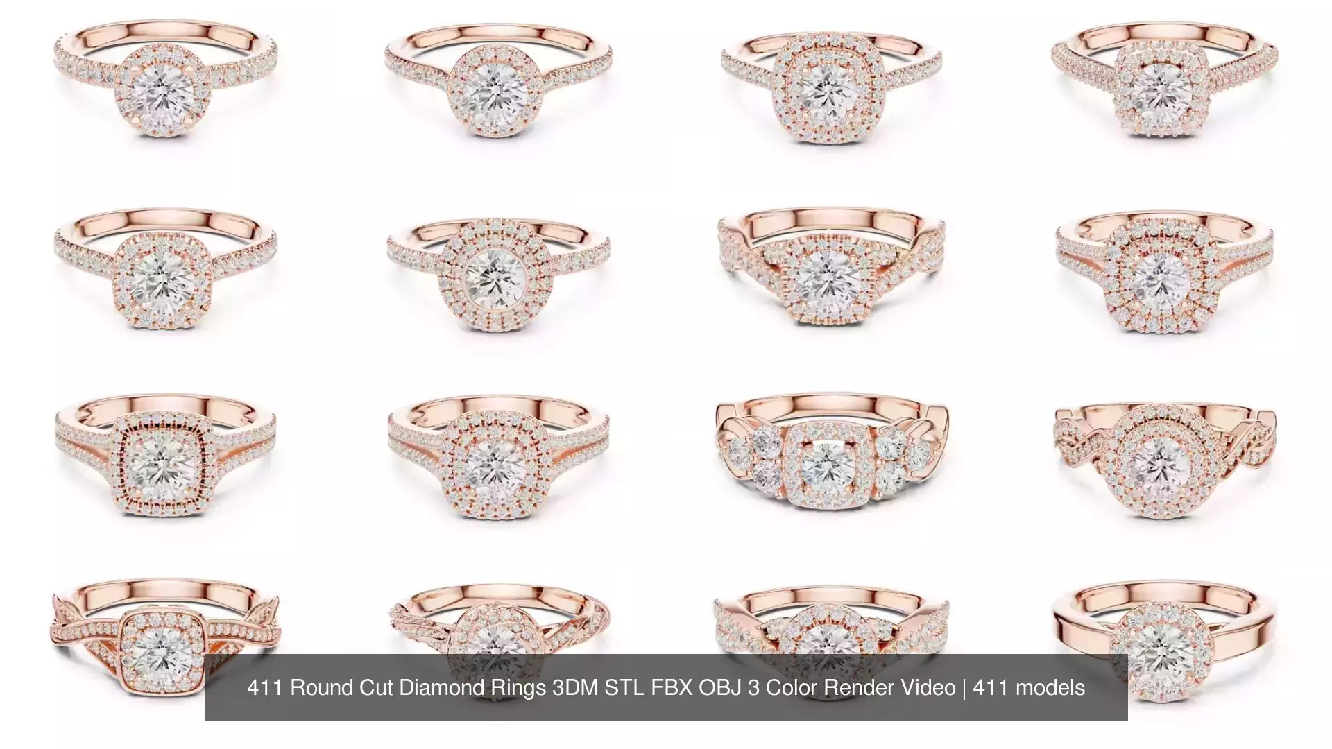 411 Round Cut Diamond Rings 3DM STL FBX OBJ 3 Color Render Video 3D Model Collection_33