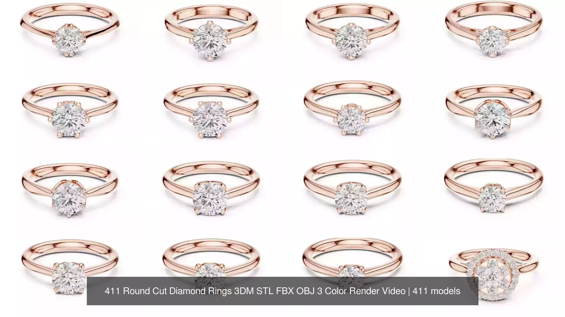 411 Round Cut Diamond Rings 3DM STL FBX OBJ 3 Color Render Video 3D Model Collection_16