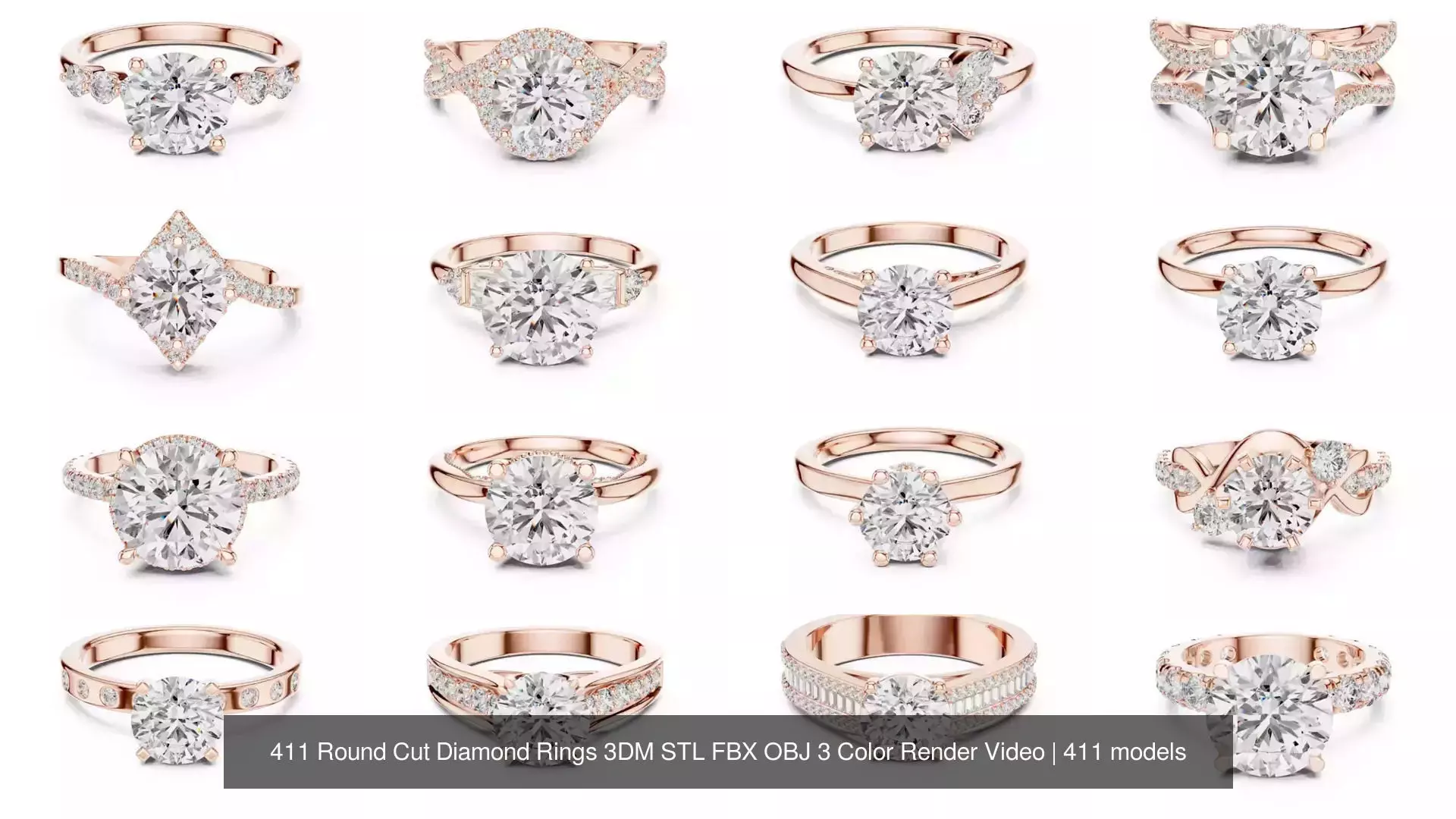 411 Round Cut Diamond Rings 3DM STL FBX OBJ 3 Color Render Video 3D Model Collection_13