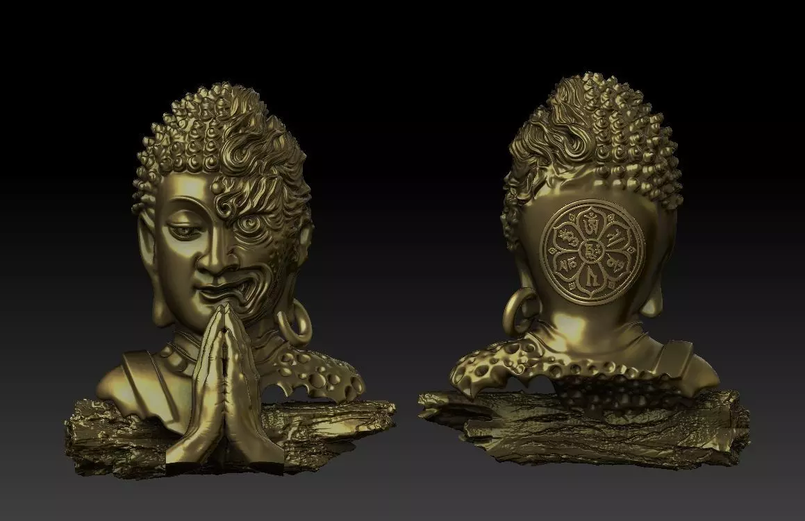 Dual Face Evil Buddha Sculpture with Om Mani Padme Hum Mantra 3D print model