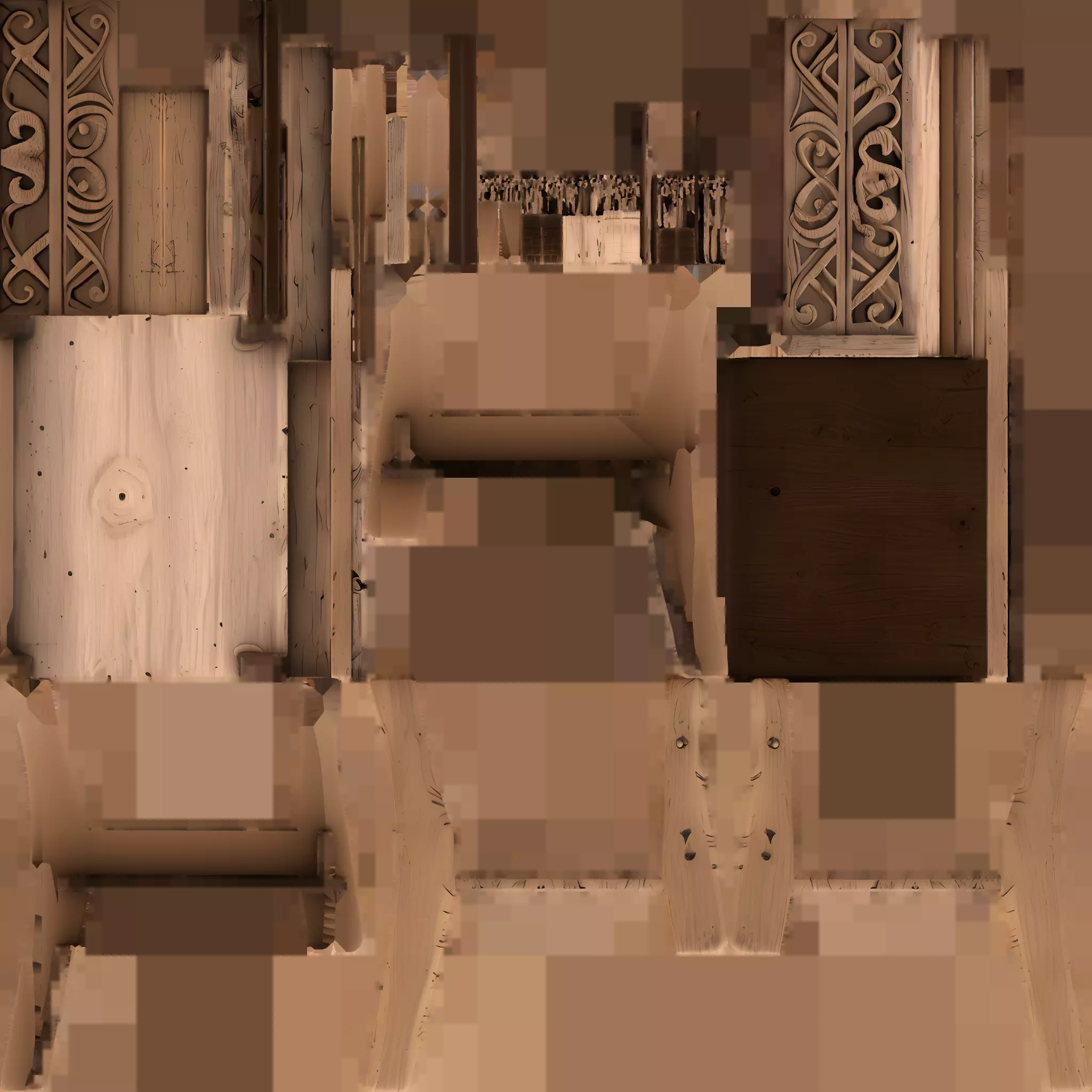 Wooden bench with carvings 3D model_31