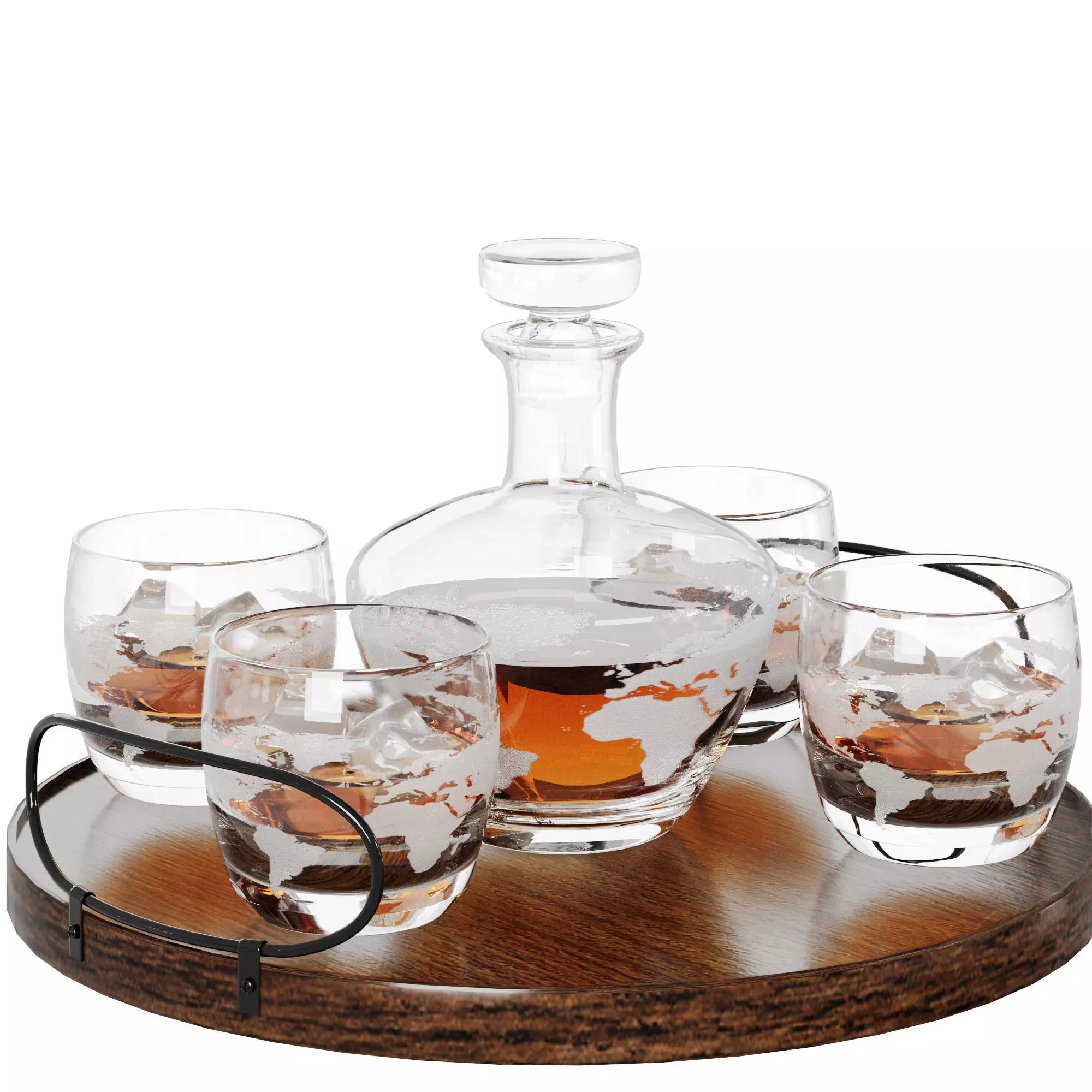N15 Whiskey Decanter Set on Round Wooden Tray with Glasses 3D model_1