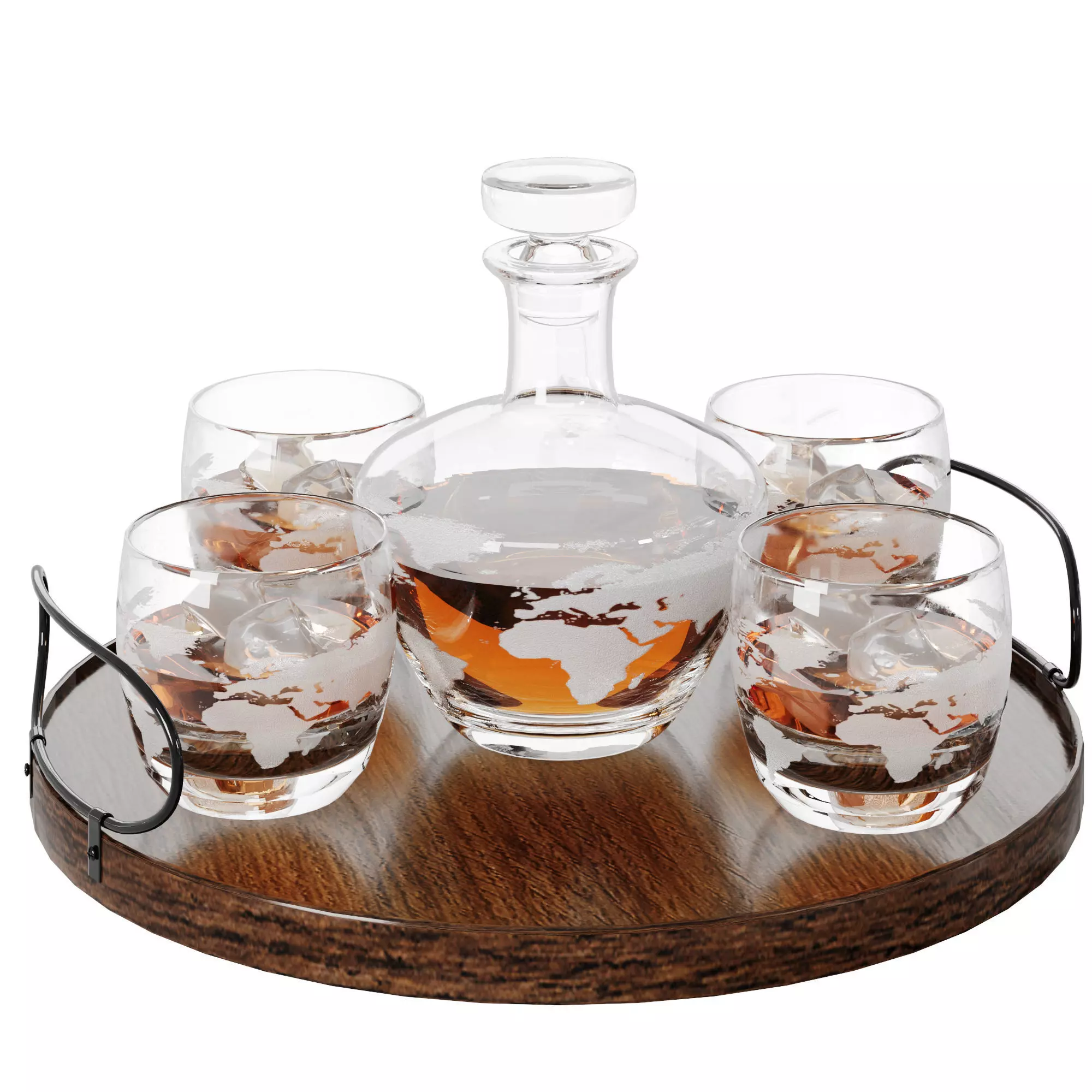N15 Whiskey Decanter Set on Round Wooden Tray with Glasses 3D model_2