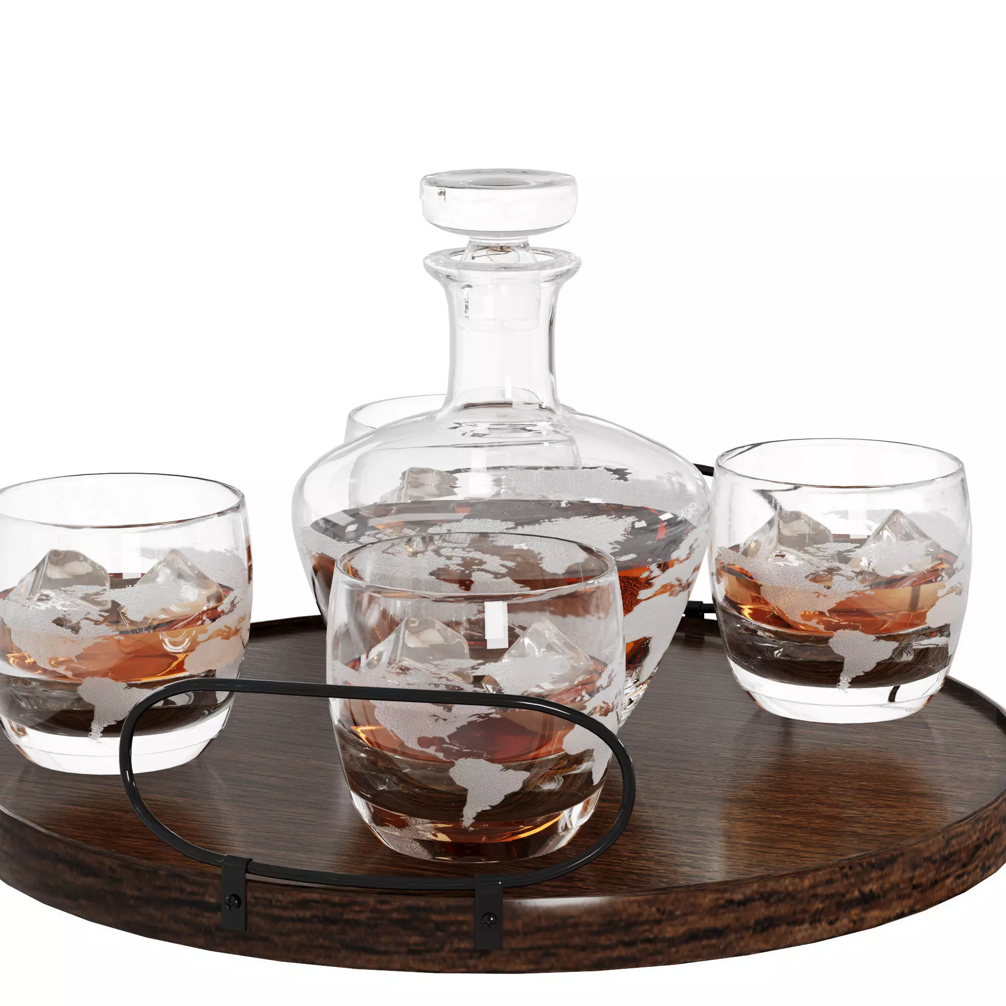 N15 Whiskey Decanter Set on Round Wooden Tray with Glasses 3D model_4