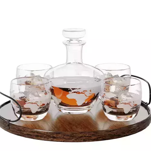 N15 Whiskey Decanter Set on Round Wooden Tray with Glasses