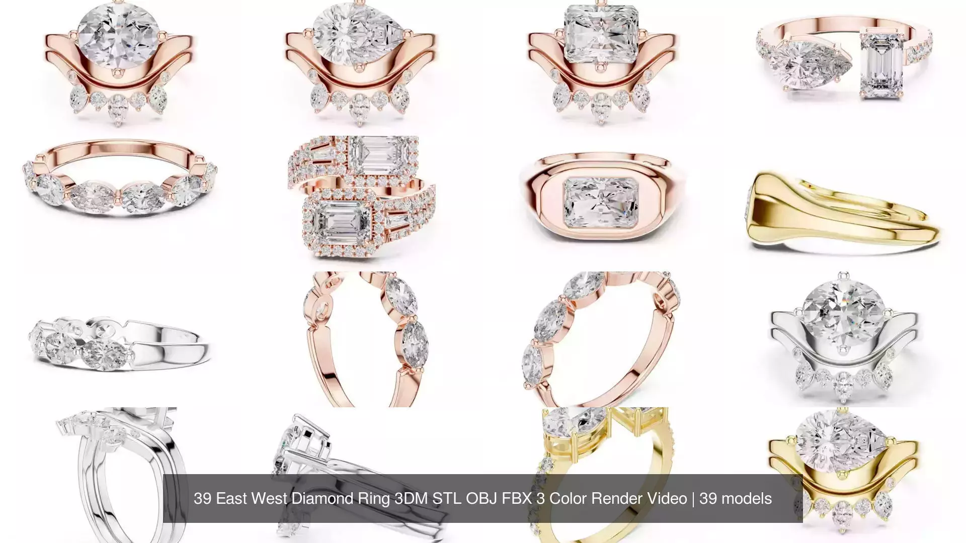 39 East West Diamond Ring 3DM STL OBJ FBX 3 Color Render Video 3D Model Collection_4