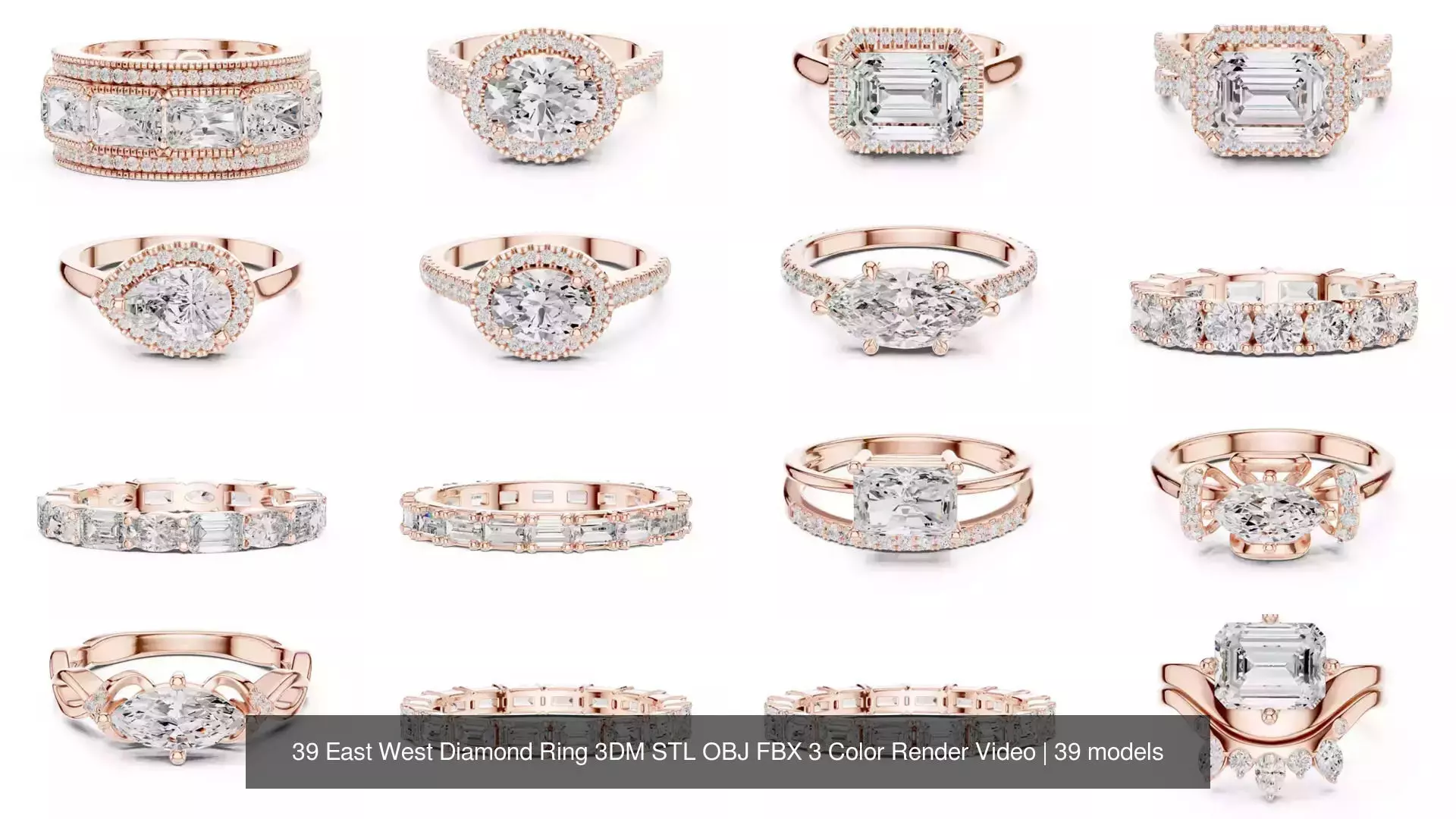39 East West Diamond Ring 3DM STL OBJ FBX 3 Color Render Video 3D Model Collection_2