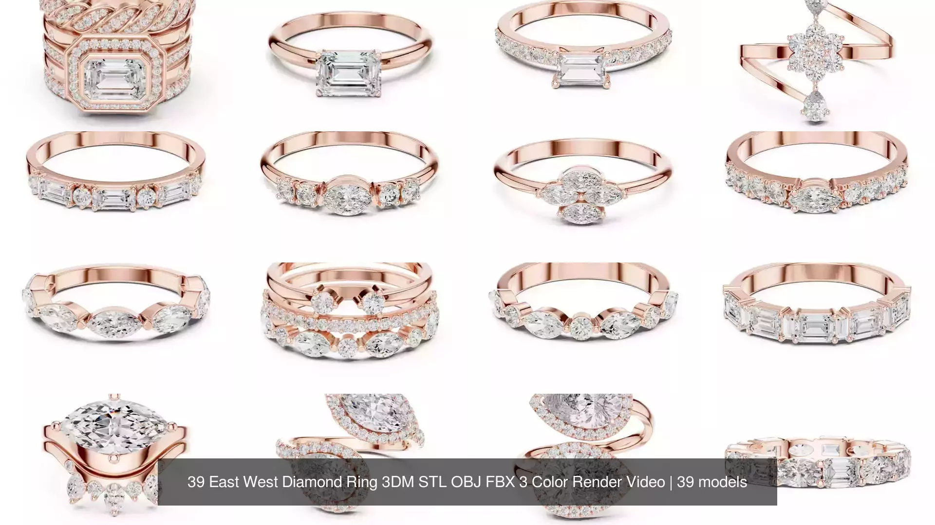 39 East West Diamond Ring 3DM STL OBJ FBX 3 Color Render Video 3D Model Collection_1