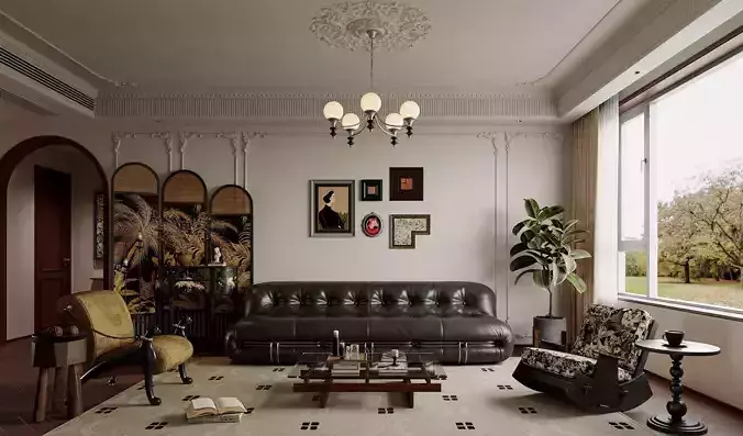 Eclectic medieval living and dining room interior