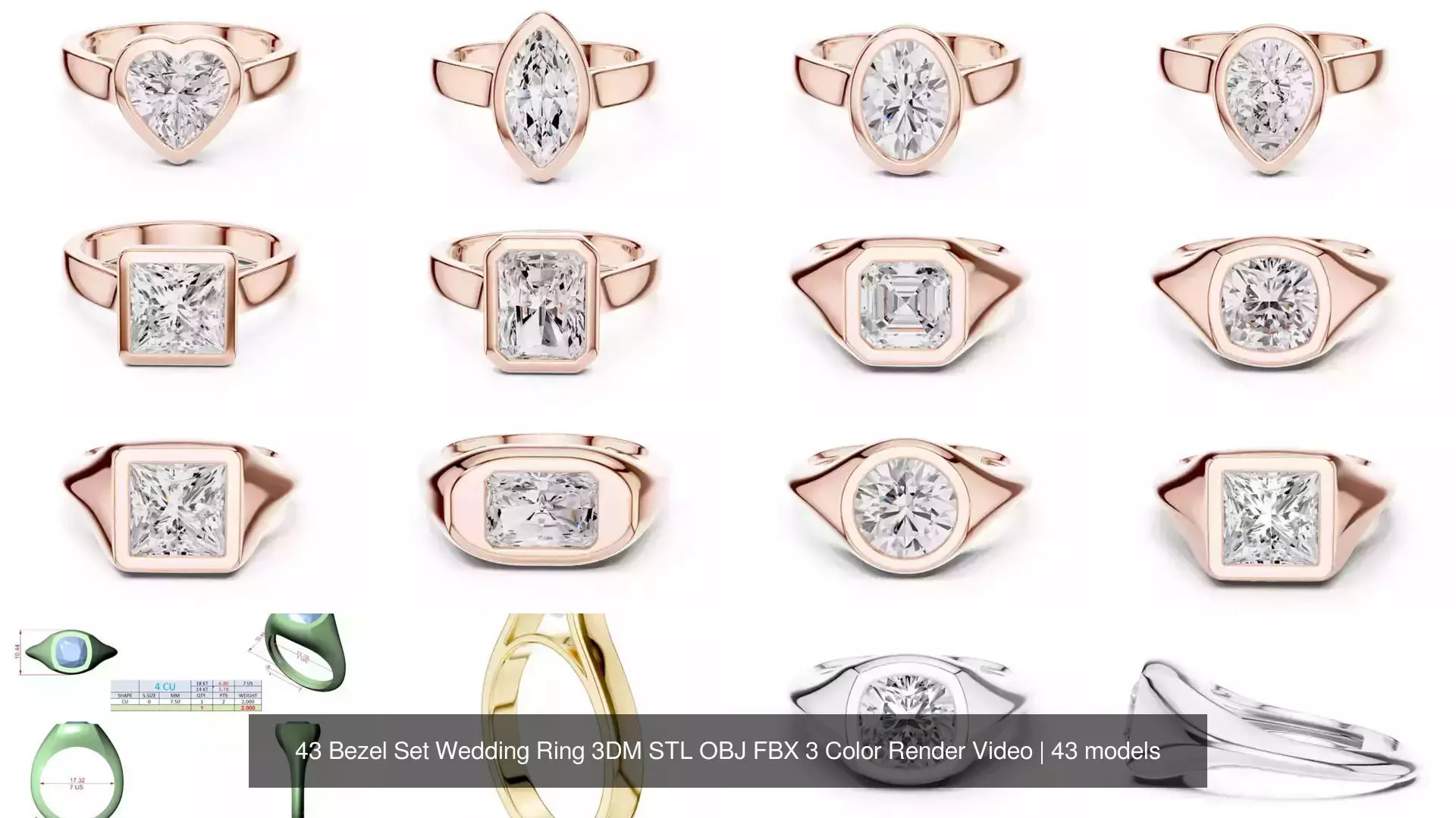 43 Bezel Set Wedding Ring 3DM STL OBJ FBX 3 Color Render Video 3D Model Collection_4