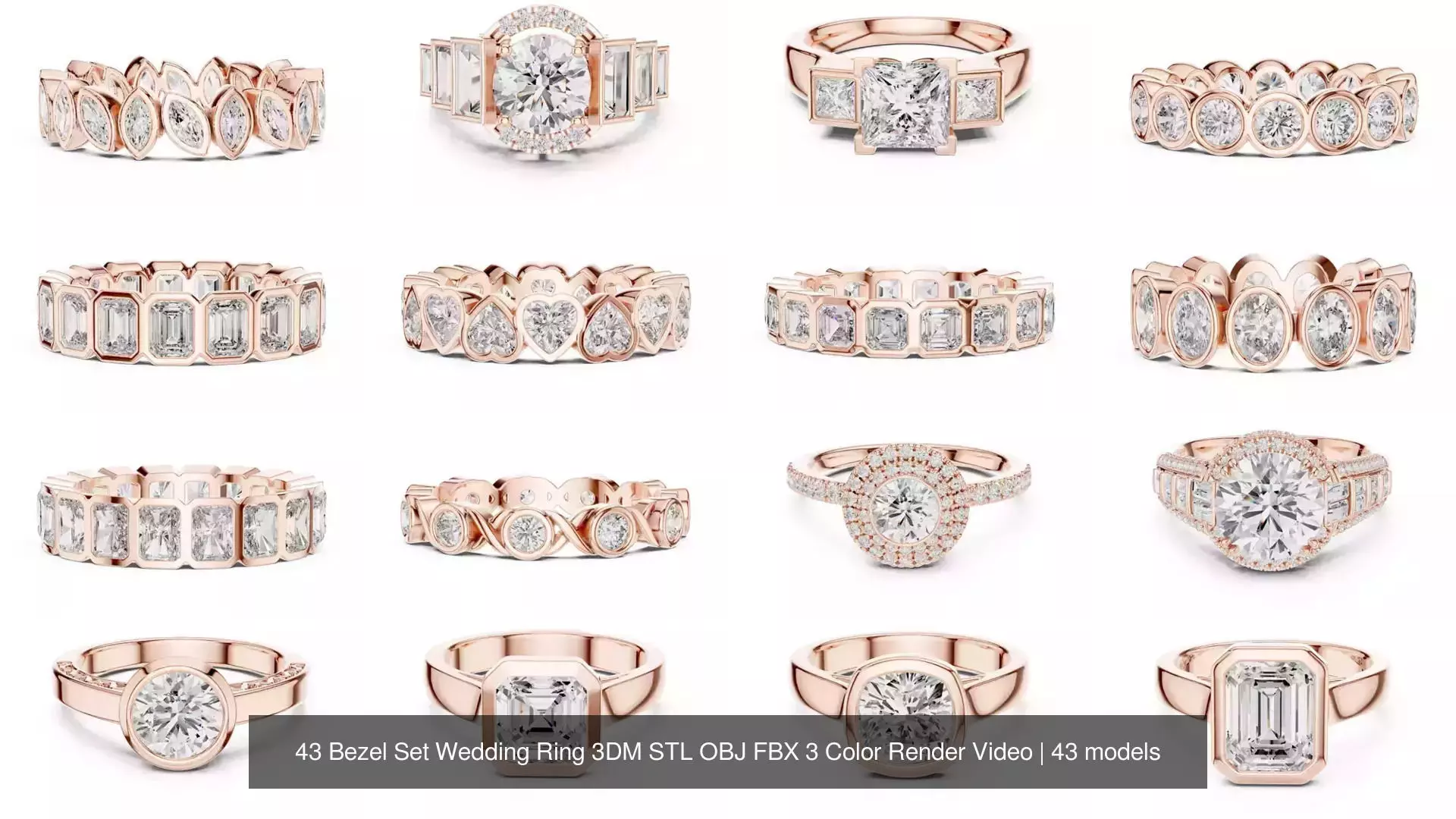 43 Bezel Set Wedding Ring 3DM STL OBJ FBX 3 Color Render Video 3D Model Collection_3