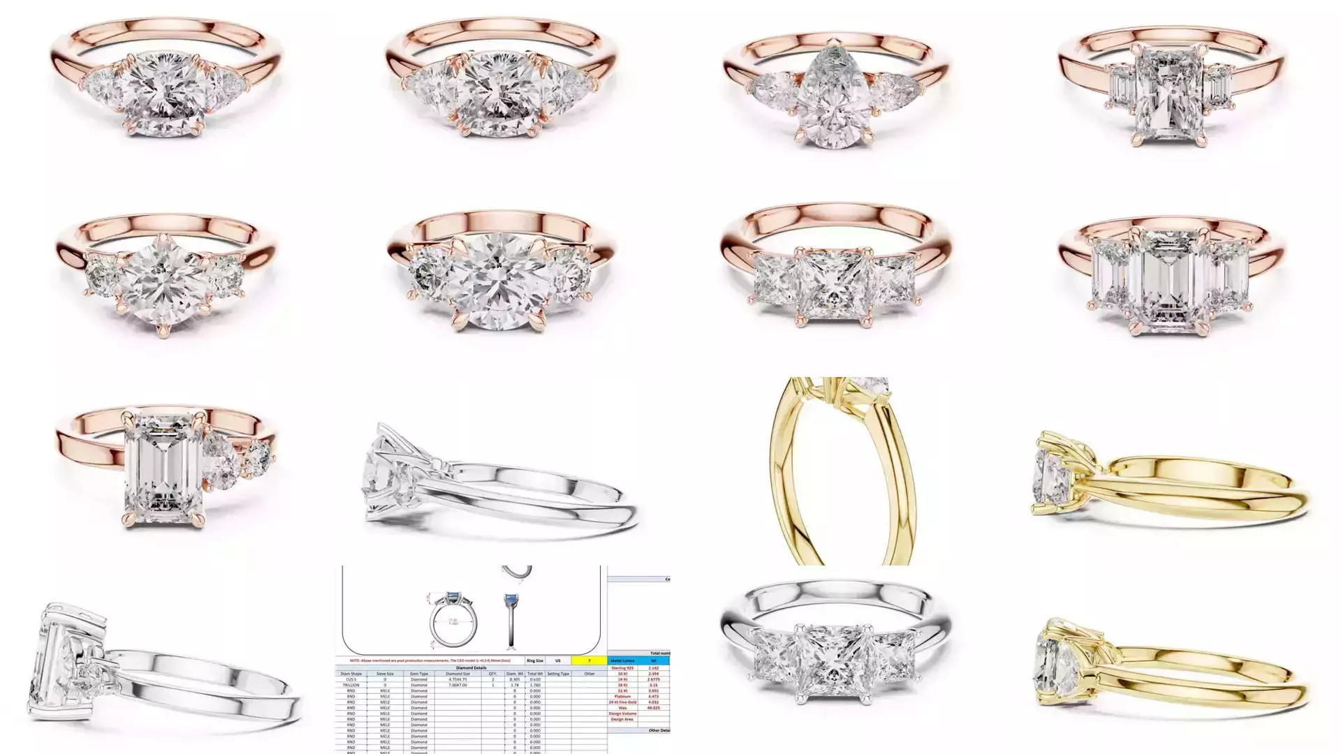 185 Three Stone Rings 3DM STL OBJ FBX 3 Color Render Video 3D Model Collection_21