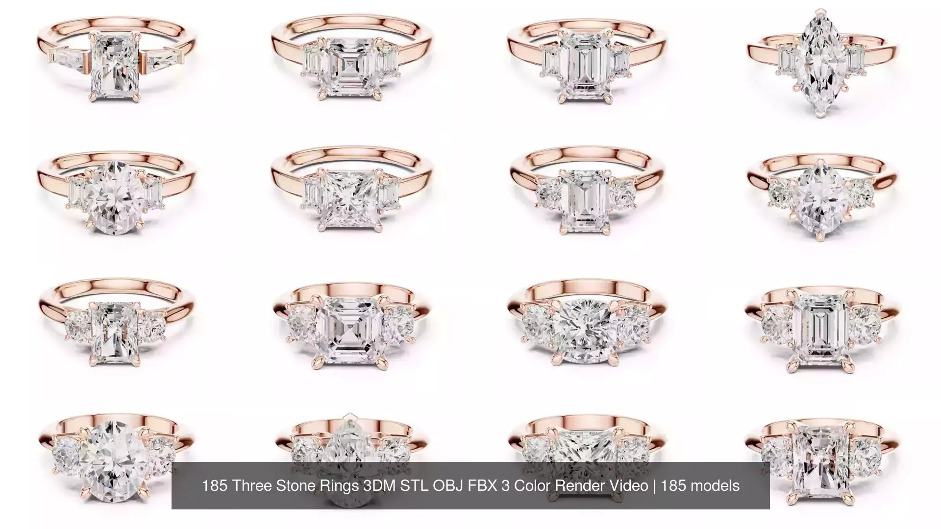 185 Three Stone Rings 3DM STL OBJ FBX 3 Color Render Video 3D Model Collection_18