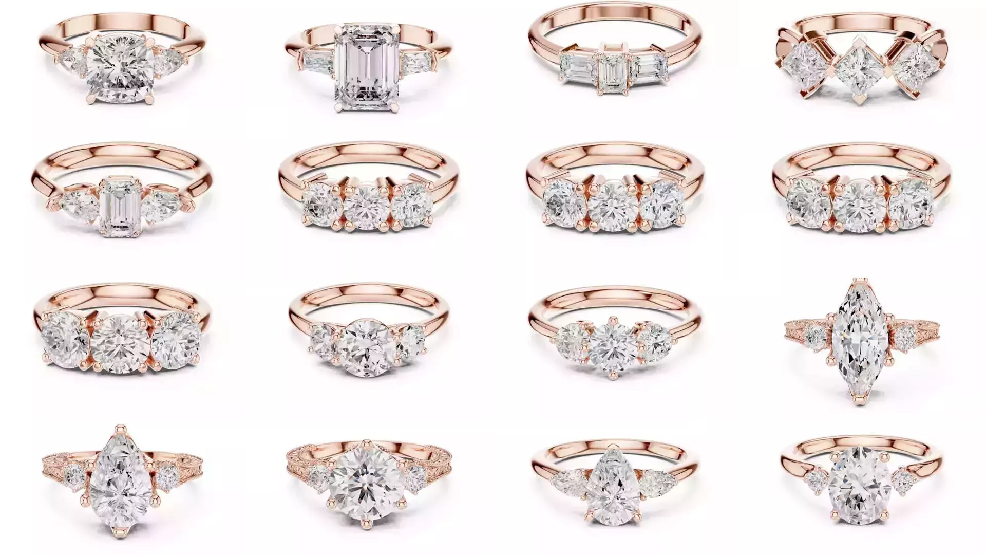 185 Three Stone Rings 3DM STL OBJ FBX 3 Color Render Video 3D Model Collection_19