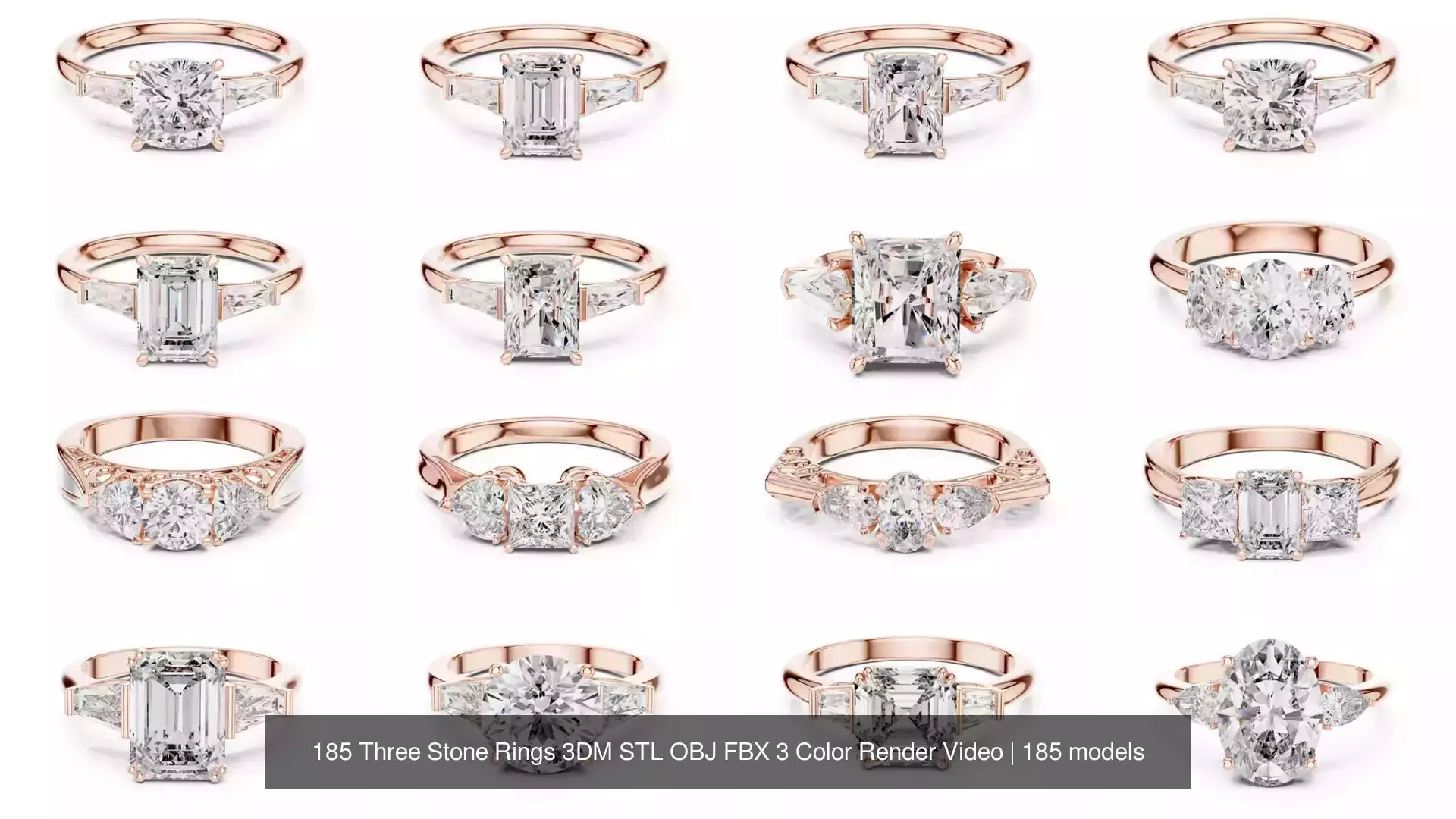 185 Three Stone Rings 3DM STL OBJ FBX 3 Color Render Video 3D Model Collection_20