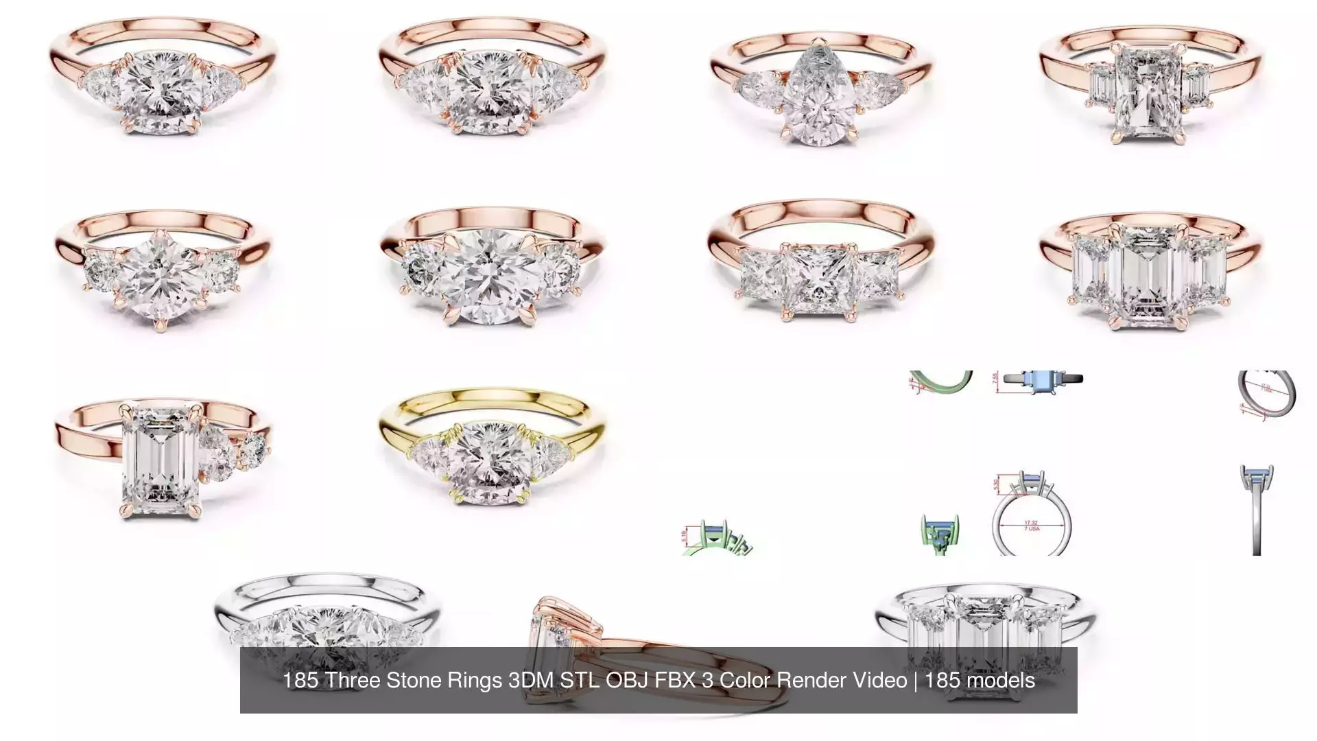 185 Three Stone Rings 3DM STL OBJ FBX 3 Color Render Video 3D Model Collection_22