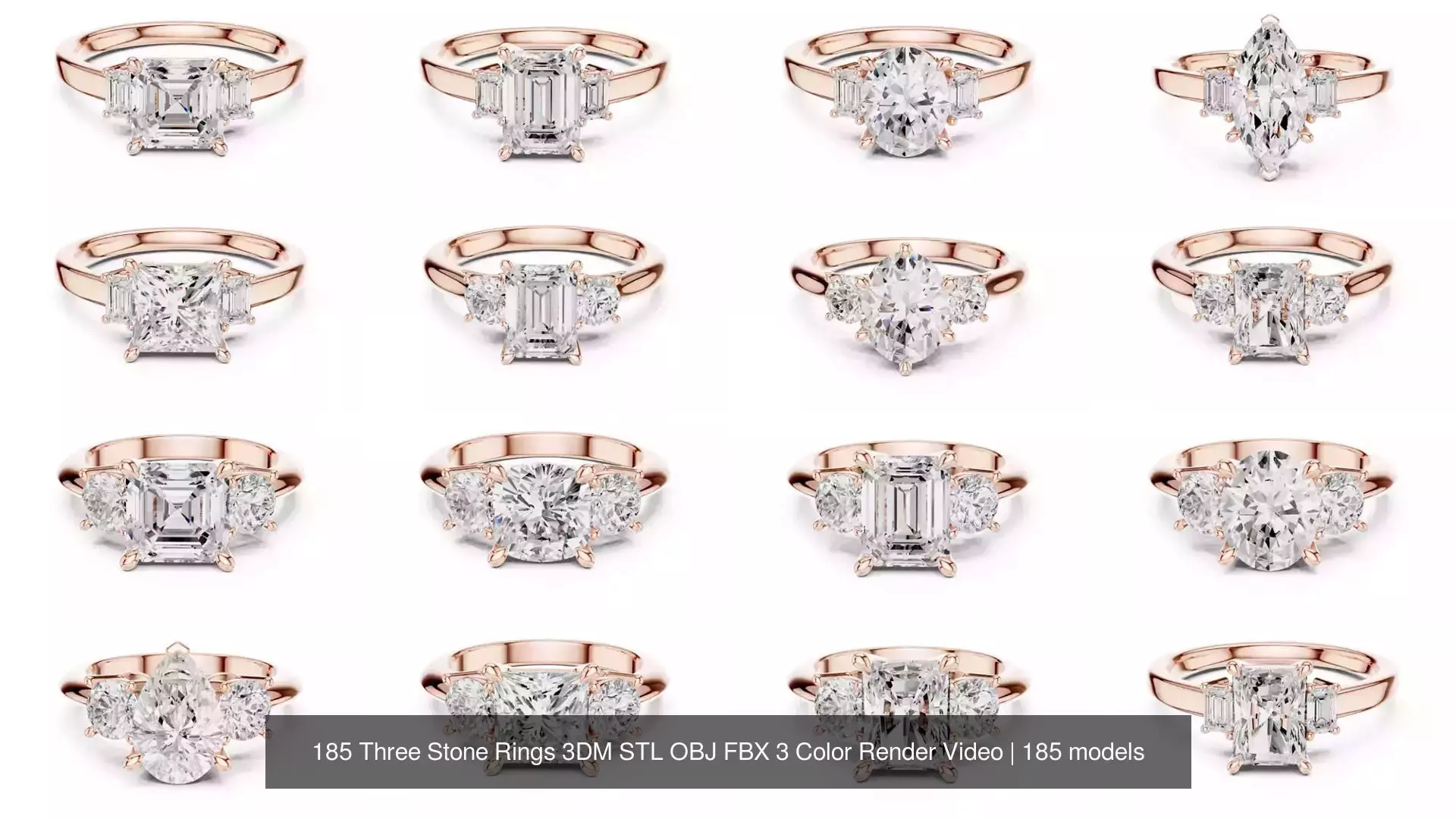 185 Three Stone Rings 3DM STL OBJ FBX 3 Color Render Video 3D Model Collection_13