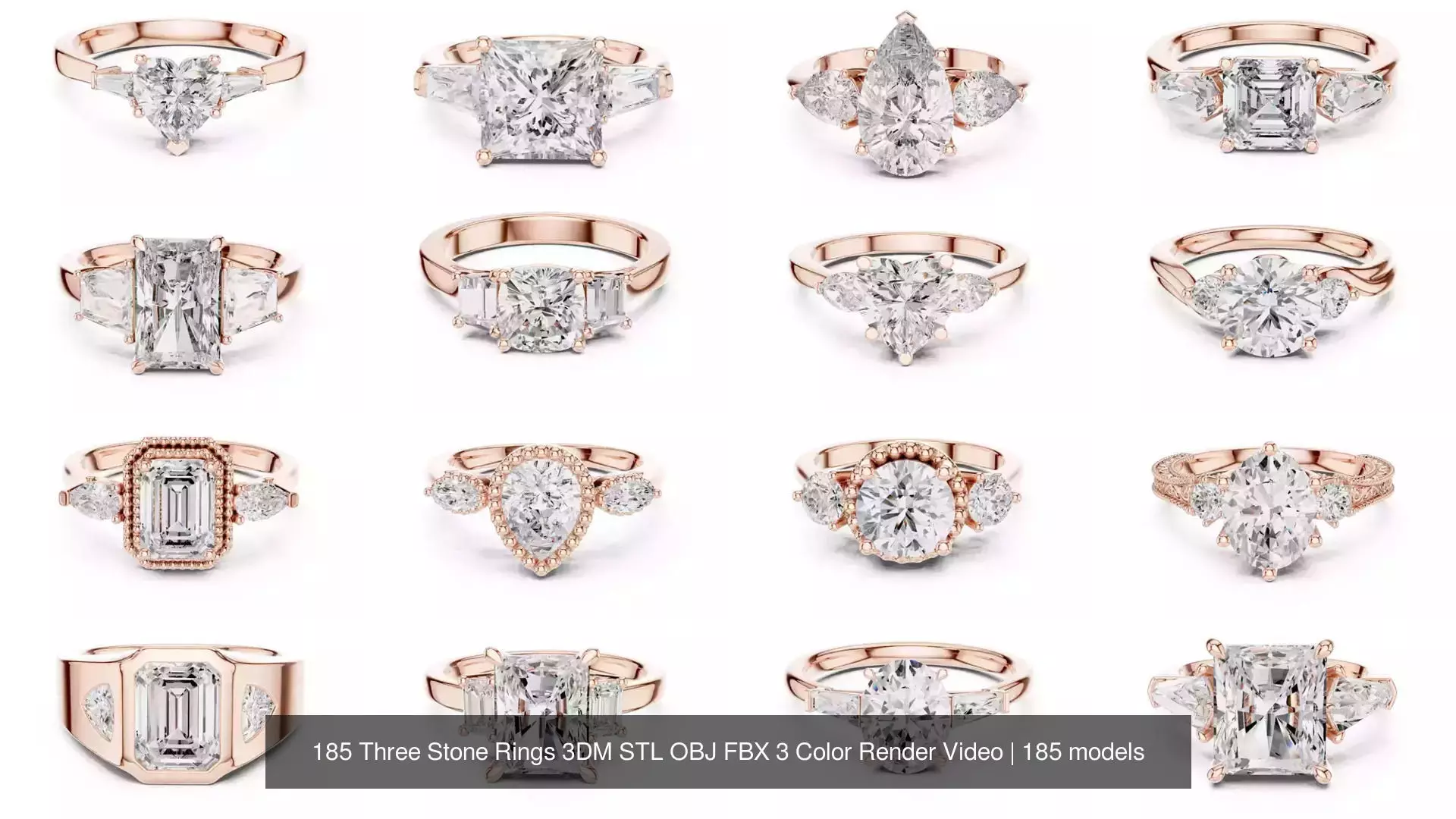 185 Three Stone Rings 3DM STL OBJ FBX 3 Color Render Video 3D Model Collection_9