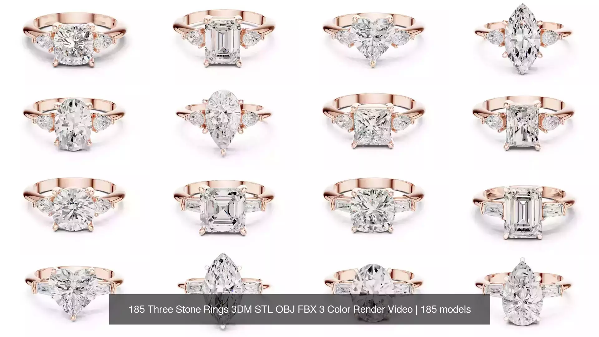 185 Three Stone Rings 3DM STL OBJ FBX 3 Color Render Video 3D Model Collection_3