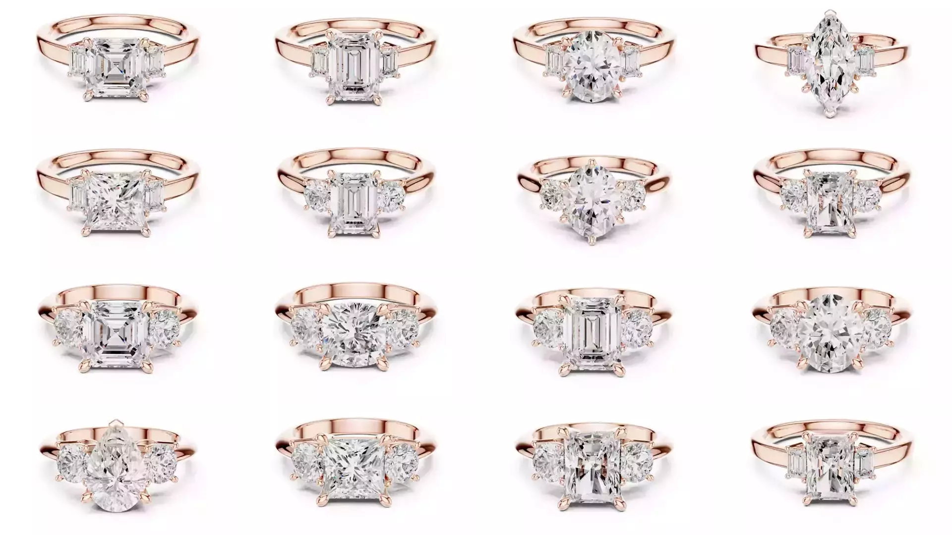 185 Three Stone Rings 3DM STL OBJ FBX 3 Color Render Video 3D Model Collection_2