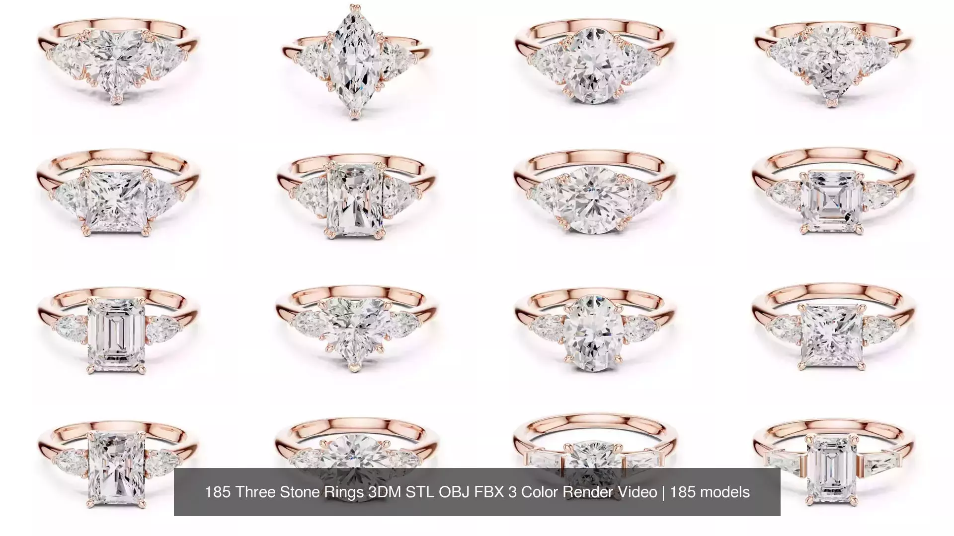 185 Three Stone Rings 3DM STL OBJ FBX 3 Color Render Video 3D Model Collection_16