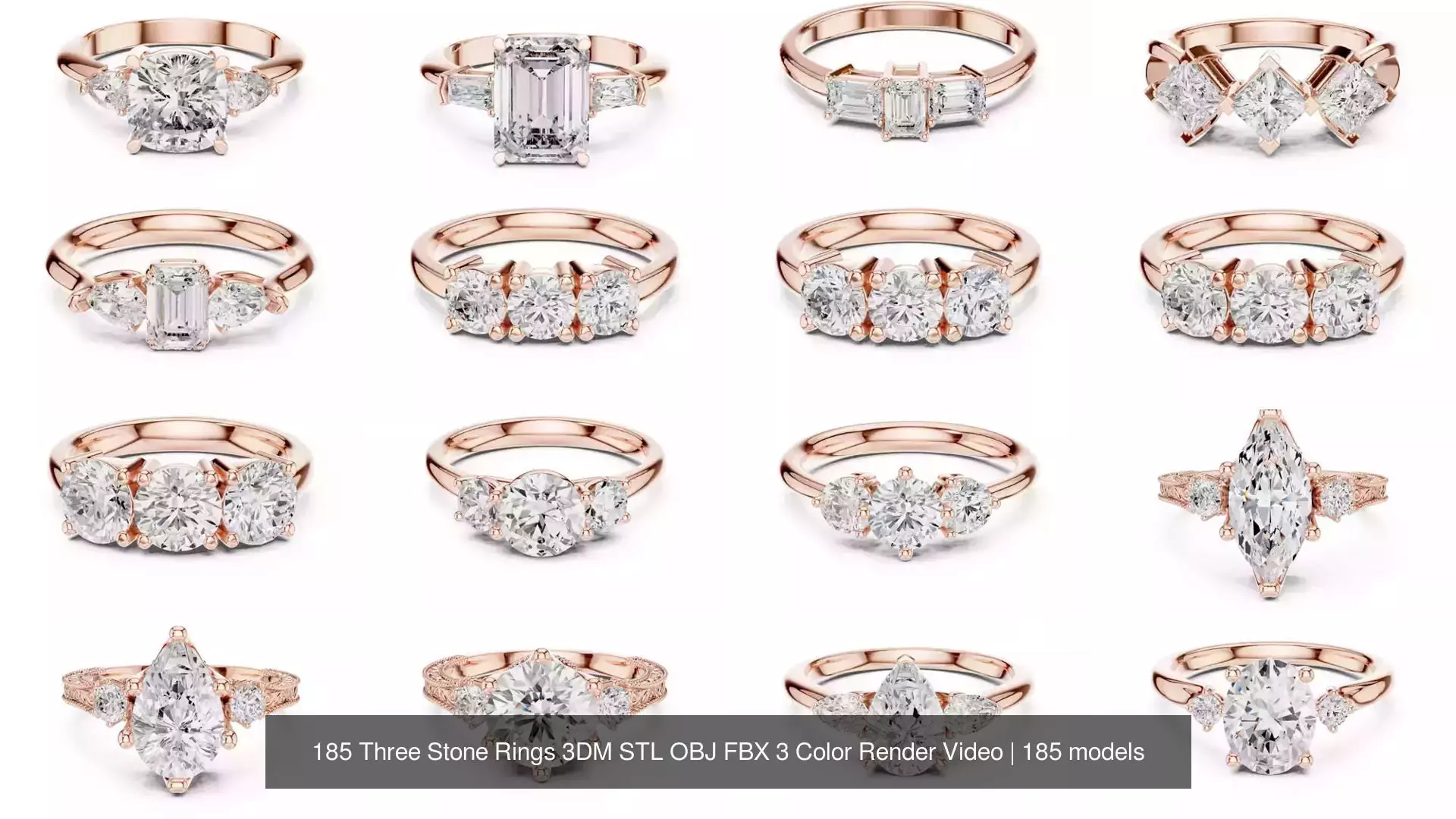 185 Three Stone Rings 3DM STL OBJ FBX 3 Color Render Video 3D Model Collection_11