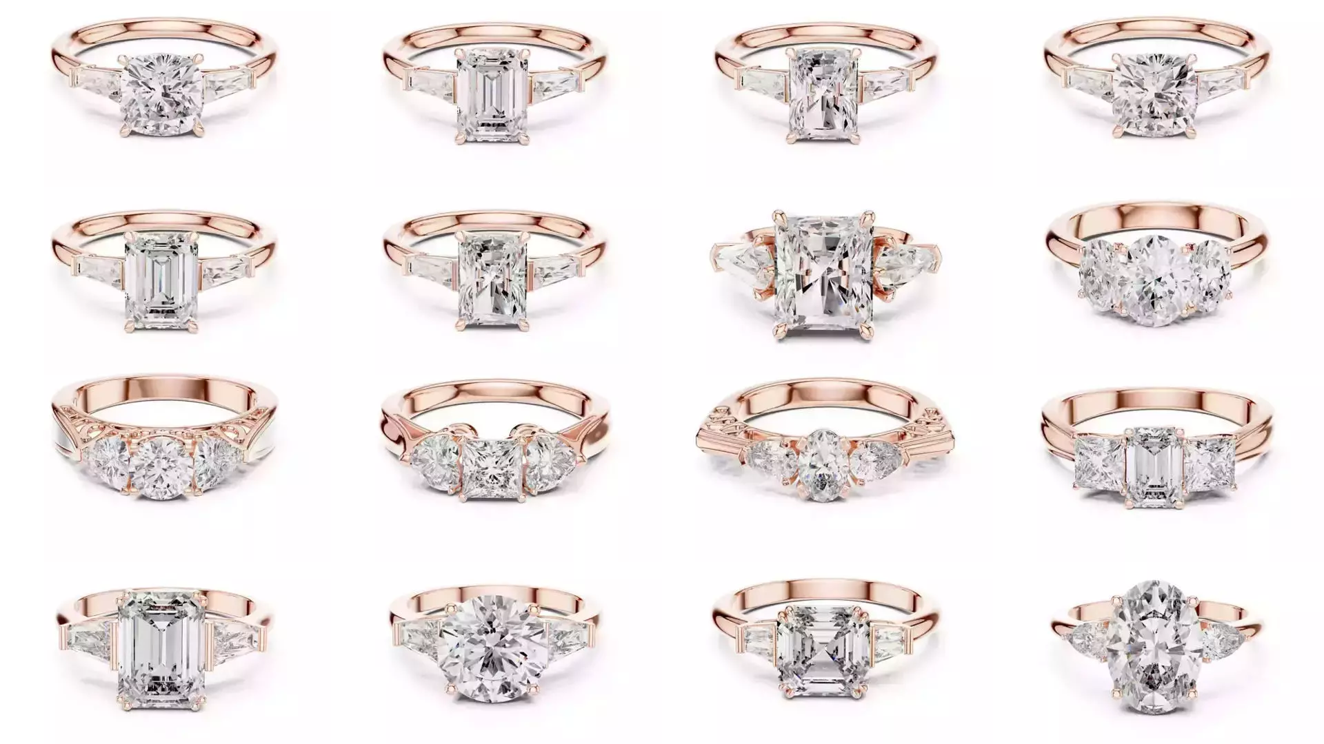 185 Three Stone Rings 3DM STL OBJ FBX 3 Color Render Video 3D Model Collection_6