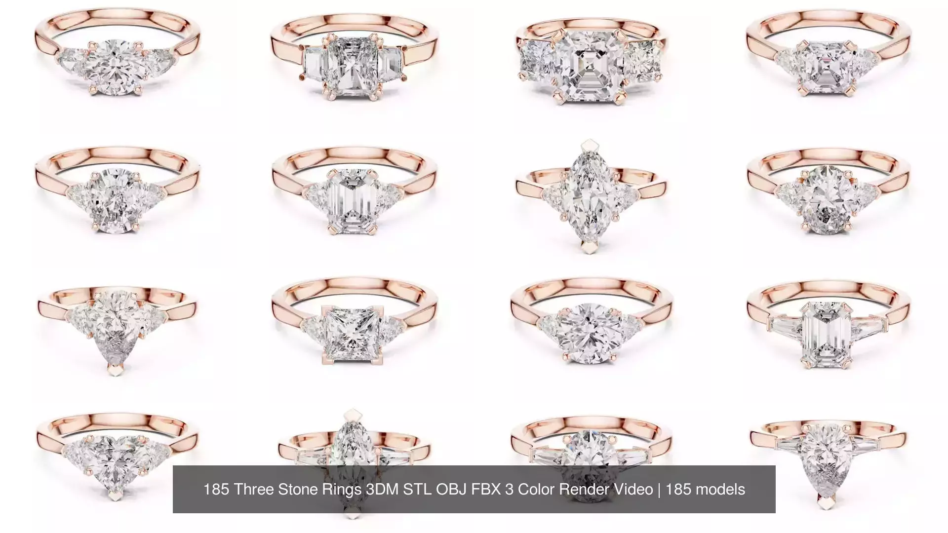 185 Three Stone Rings 3DM STL OBJ FBX 3 Color Render Video 3D Model Collection_7