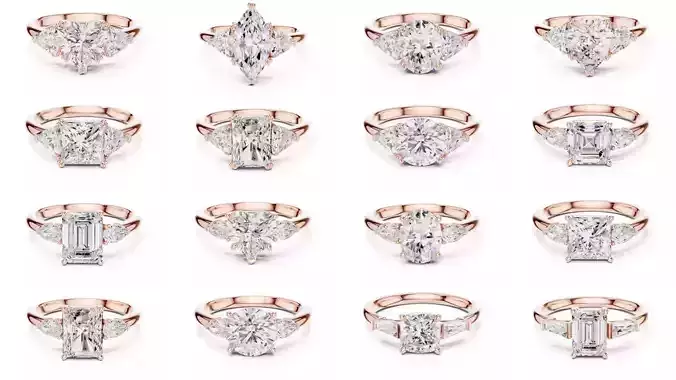 185 Three Stone Rings 3DM STL OBJ FBX 3 Color Render Video 3D Model Collection
