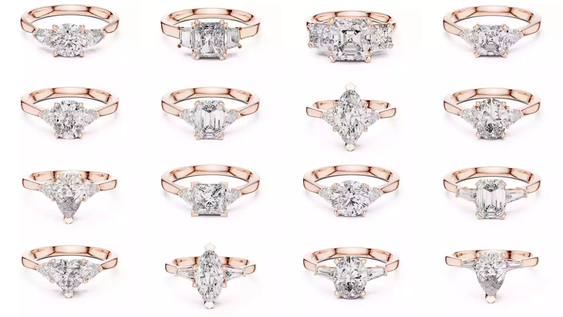185 Three Stone Rings 3DM STL OBJ FBX 3 Color Render Video 3D Model Collection_10