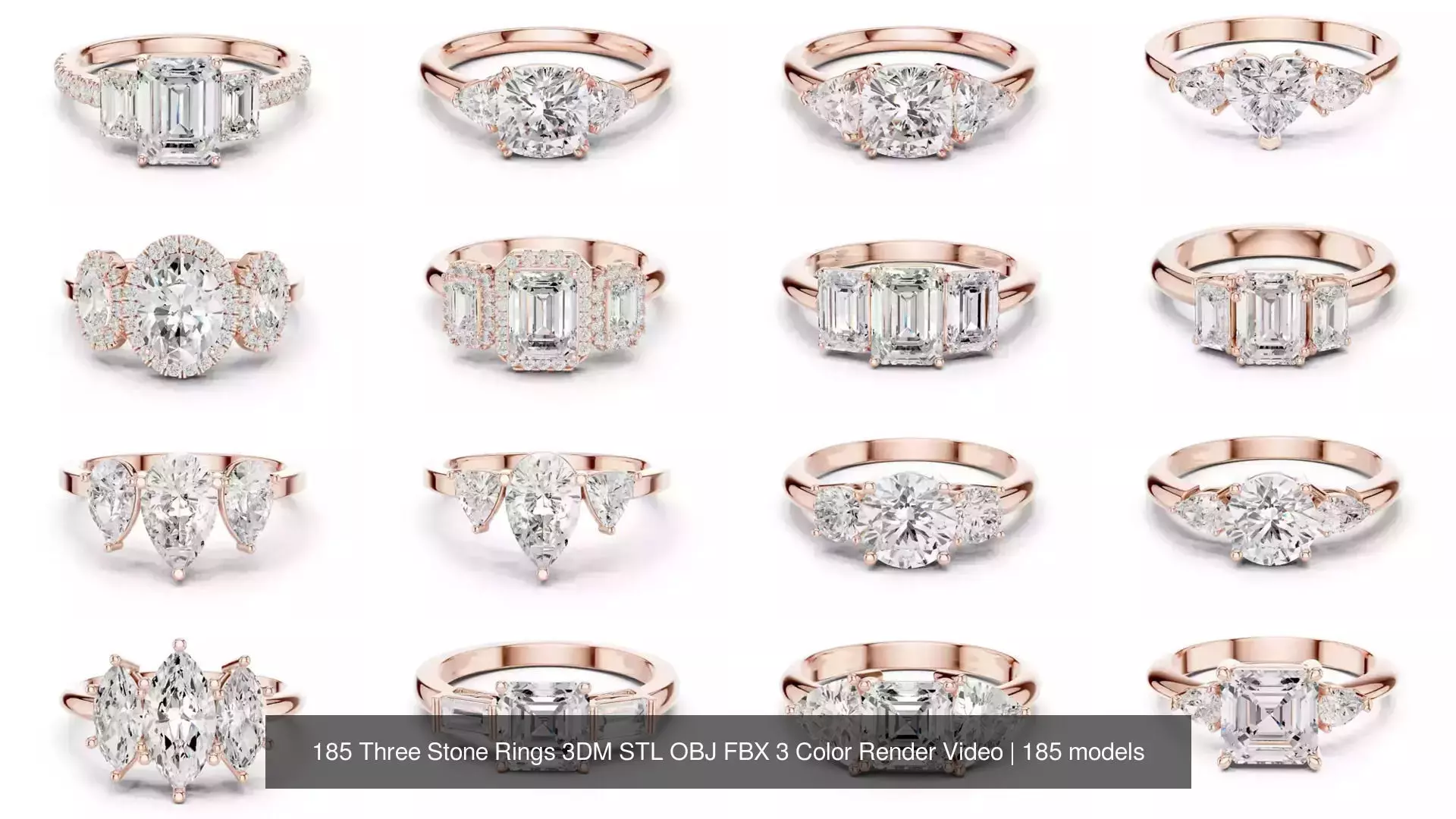 185 Three Stone Rings 3DM STL OBJ FBX 3 Color Render Video 3D Model Collection_1