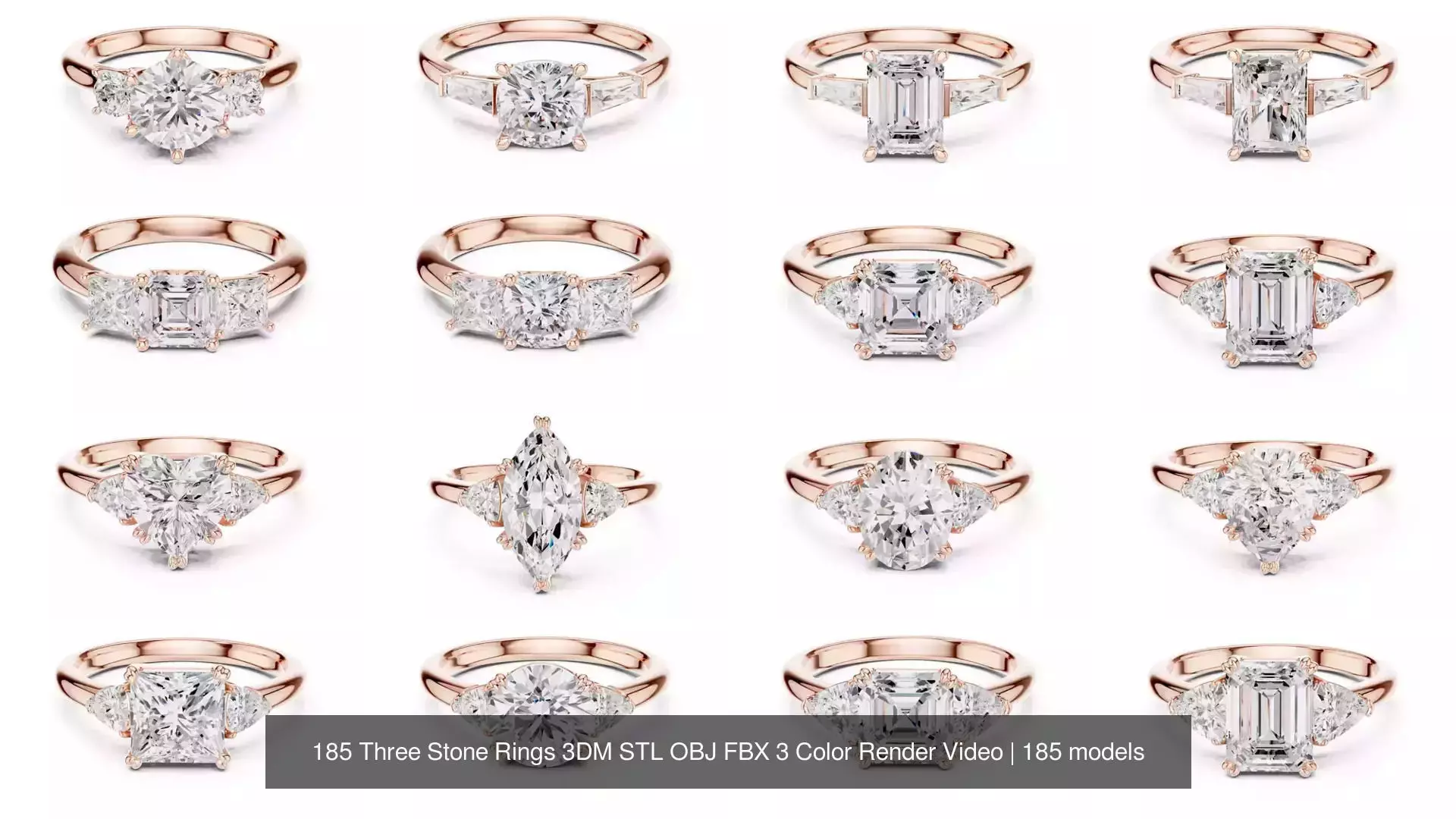 185 Three Stone Rings 3DM STL OBJ FBX 3 Color Render Video 3D Model Collection_14