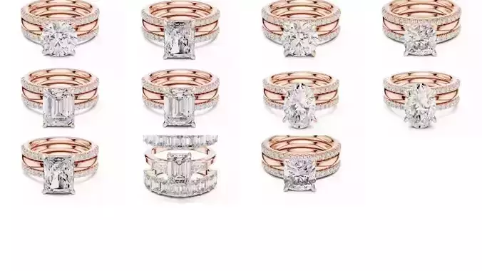 11 Three Piece Ring Set 3DM STL OBJ FBX 3 Color Render Video