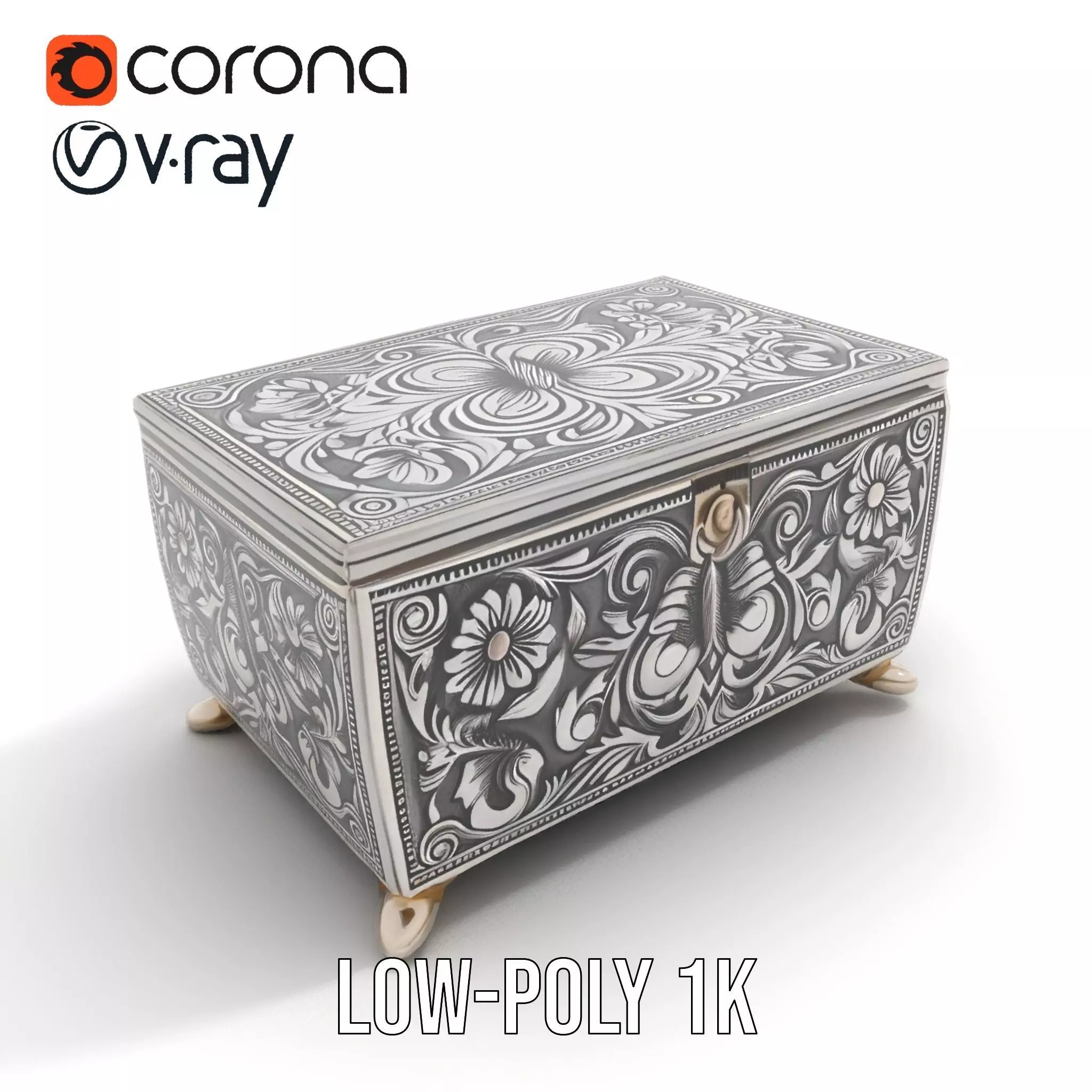 Ornate Silver Jewelry Box model pack Low-poly 3D model_7