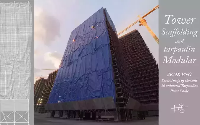 Animated Tower scaffolding and tarpaulin x10 3D model