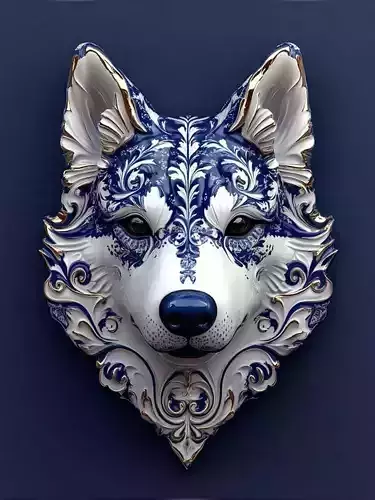 Blue and White Wolf Mask 3D Ornate Ceramic Animal Art