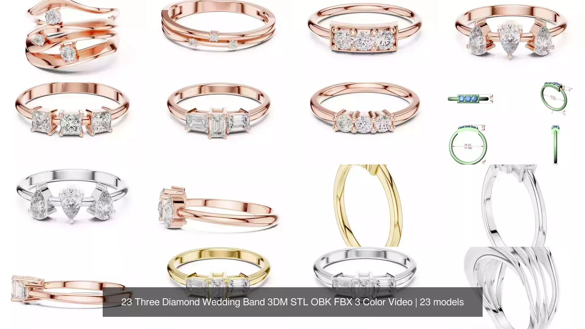 23 Three Diamond Wedding Band 3DM STL OBK FBX 3 Color Video 3D Model Collection_2