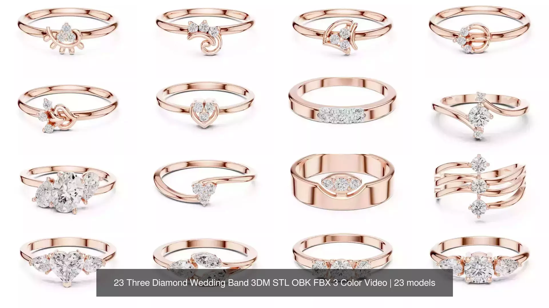 23 Three Diamond Wedding Band 3DM STL OBK FBX 3 Color Video 3D Model Collection_0