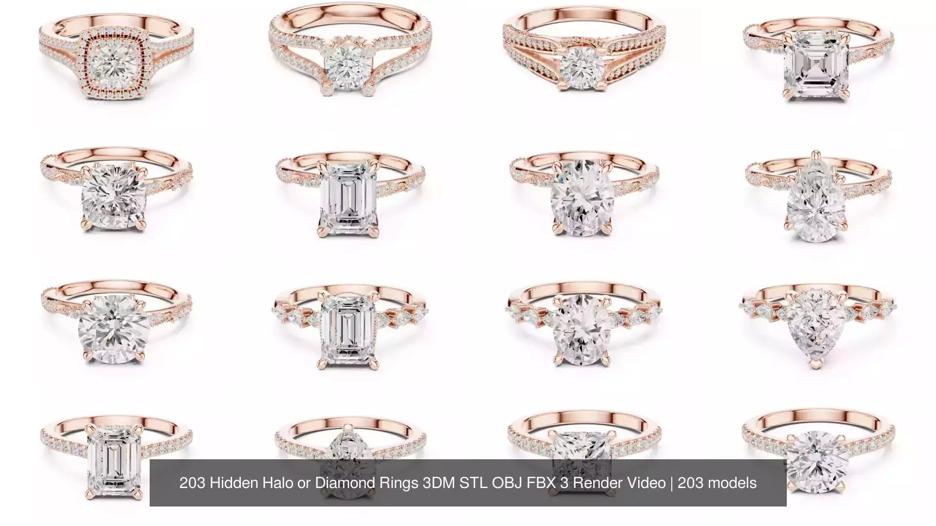 203 Hidden Halo or Diamond Rings 3DM STL OBJ FBX 3 Render Video 3D Model Collection_11