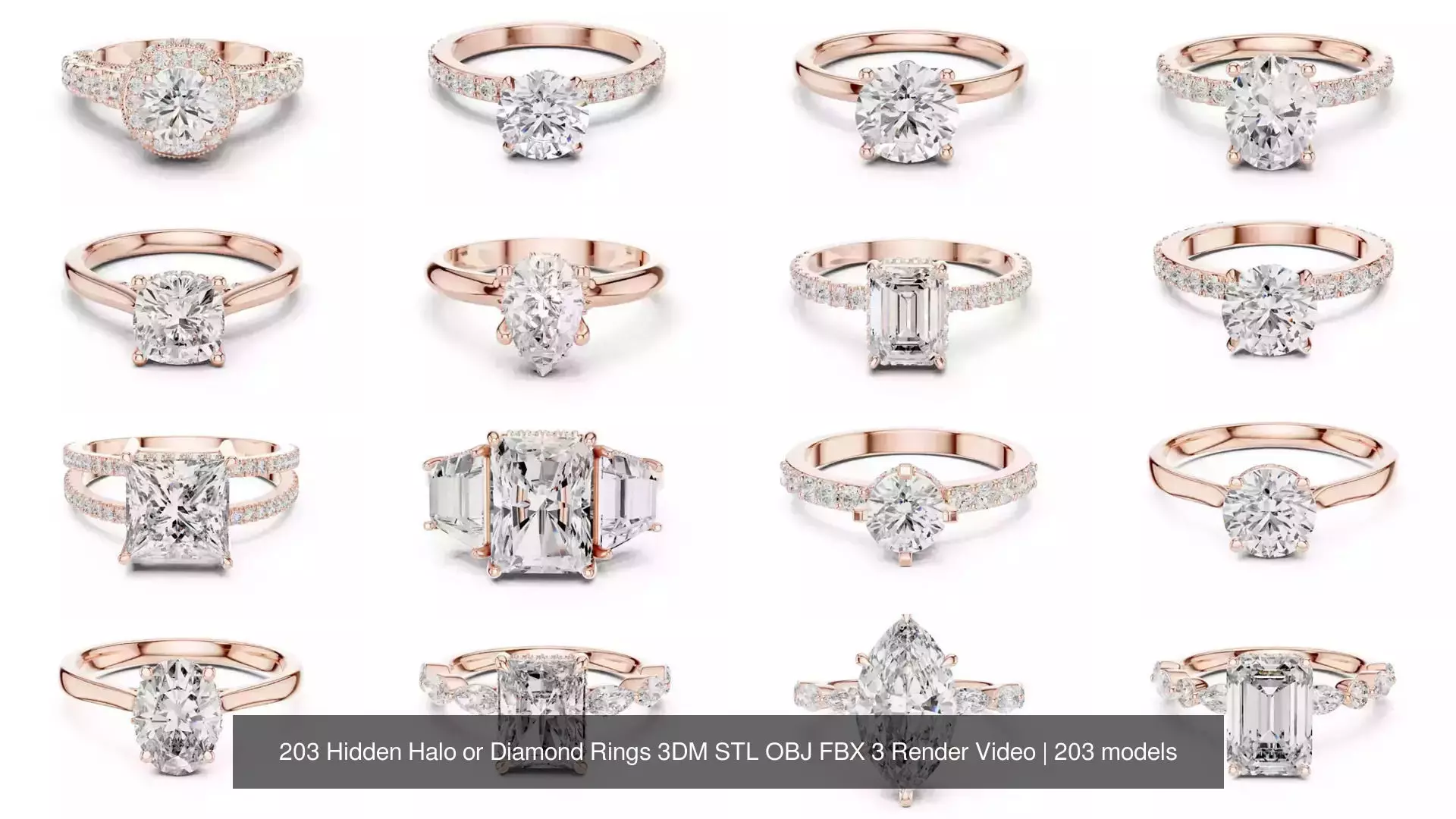 203 Hidden Halo or Diamond Rings 3DM STL OBJ FBX 3 Render Video 3D Model Collection_1