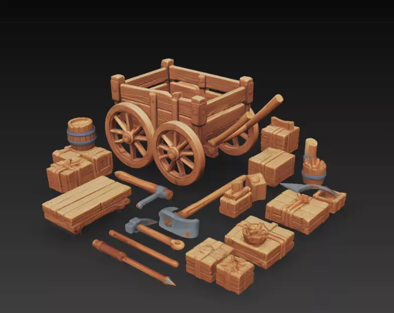 Isometric Wooden Pack Fantasy Props Set 3D print model_0
